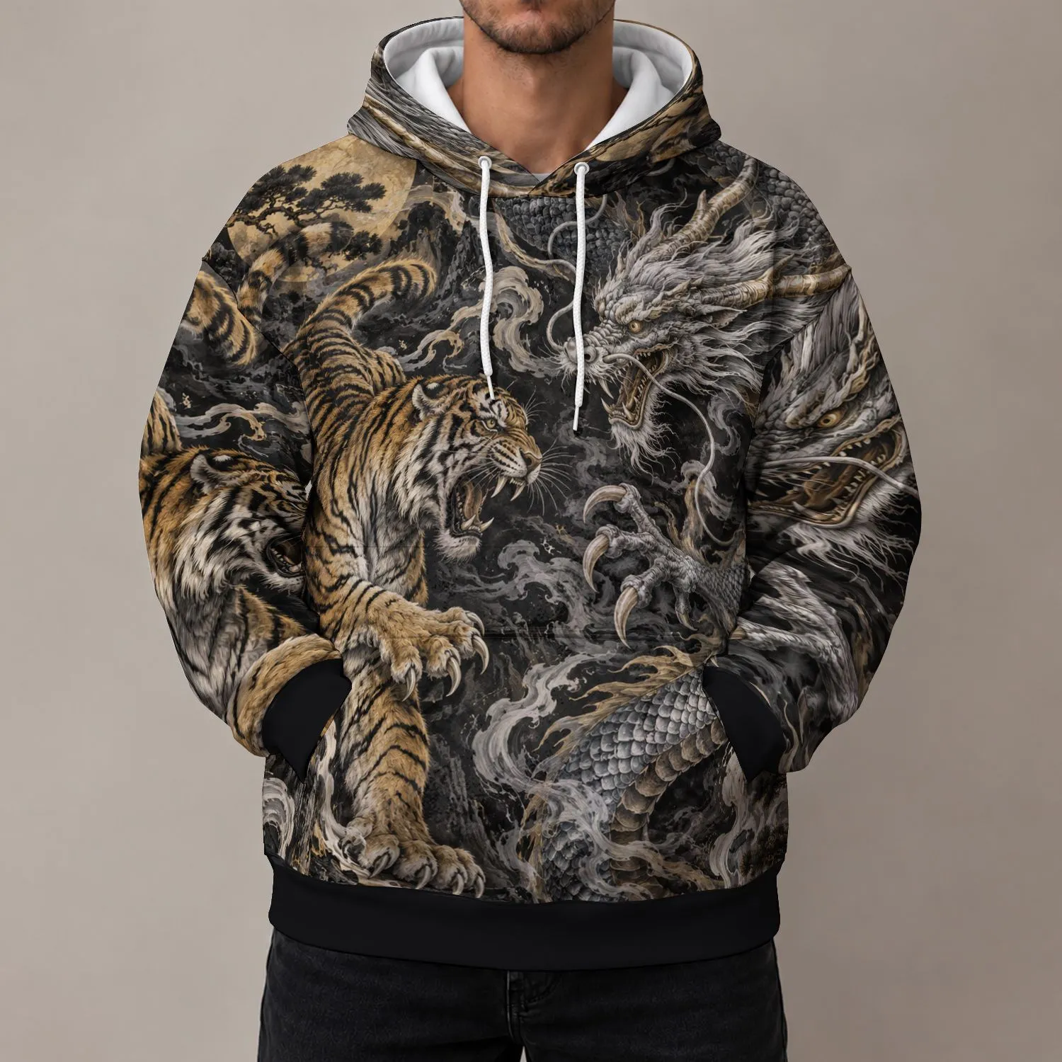 Tiger And Dragon Battle Motif For Outdoor Fitness, Running, And Casual Everyday Wear All-over Print Hoodie (Lightweight) - 1