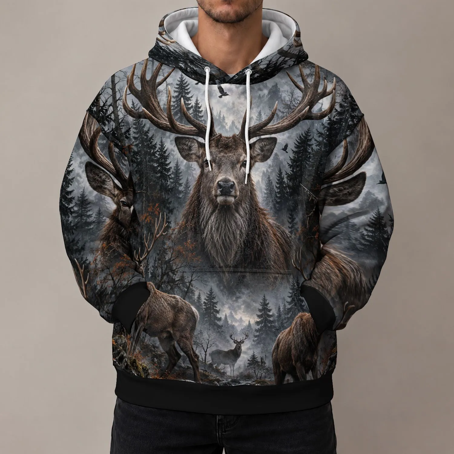 Dark Forest Stags and Flying Birds for Camping, Hunting, Outdoor Adventures and Hiking All-over Print Hoodie (Lightweight) - 1