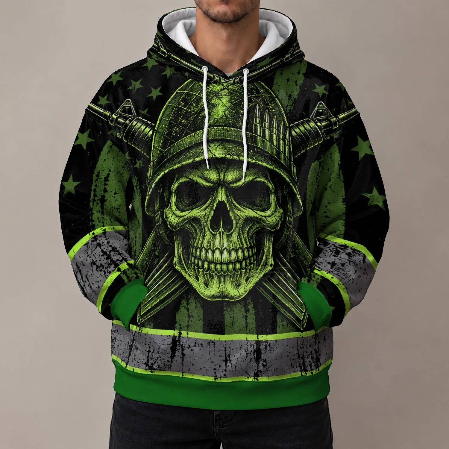 Green Skull Soldier Emblem for Outdoor Workwear and Tactical Casual Style All-over Print Hoodie (Lightweight) - 1