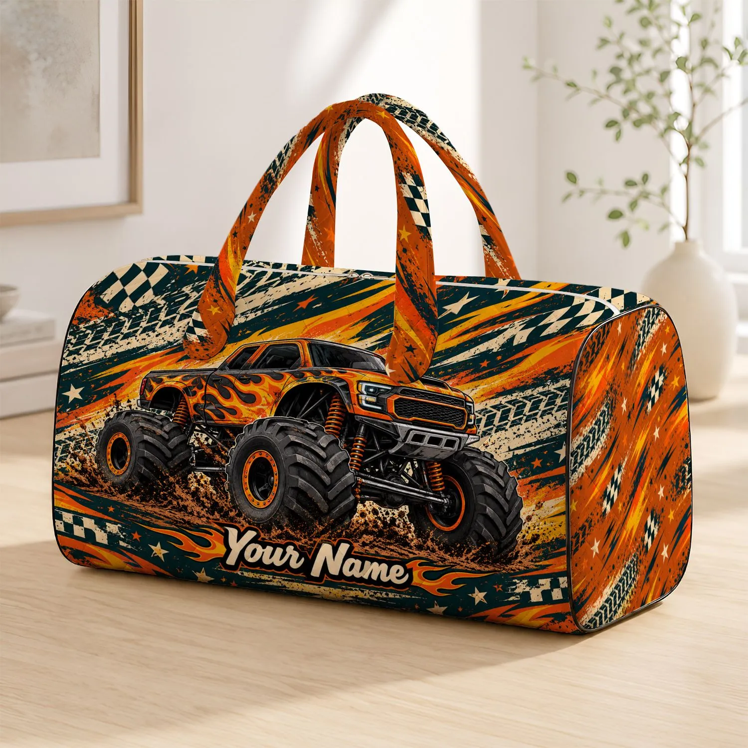 Flaming Orange Monster Truck Adventure for Road Trips, Travel and Outdoor Escapes Quilted Weekend Bag - 1