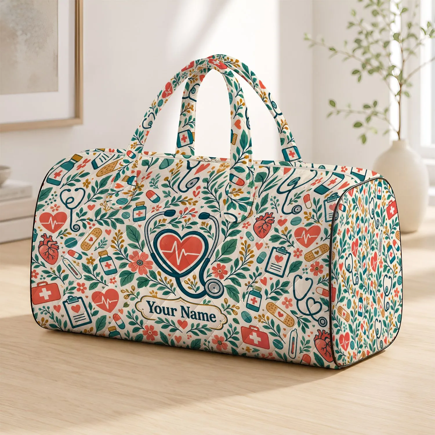 Medical Wellness Icons for Spa Retreats, Pool Days and Caring Travel Gifts for Nurses Quilted Weekend Bag - 1
