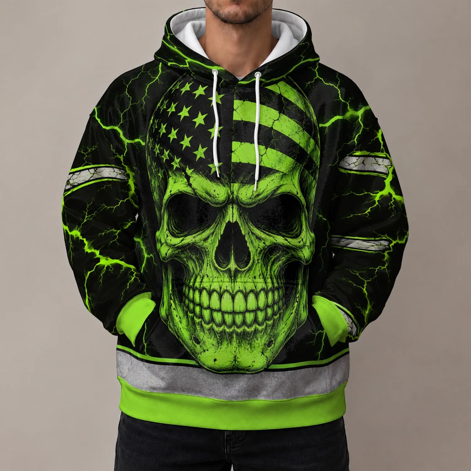 Neon Green Flag Skull with Lightning for Workwear and Nighttime Streetwear Men All-over Print Hoodie (Lightweight) - 1