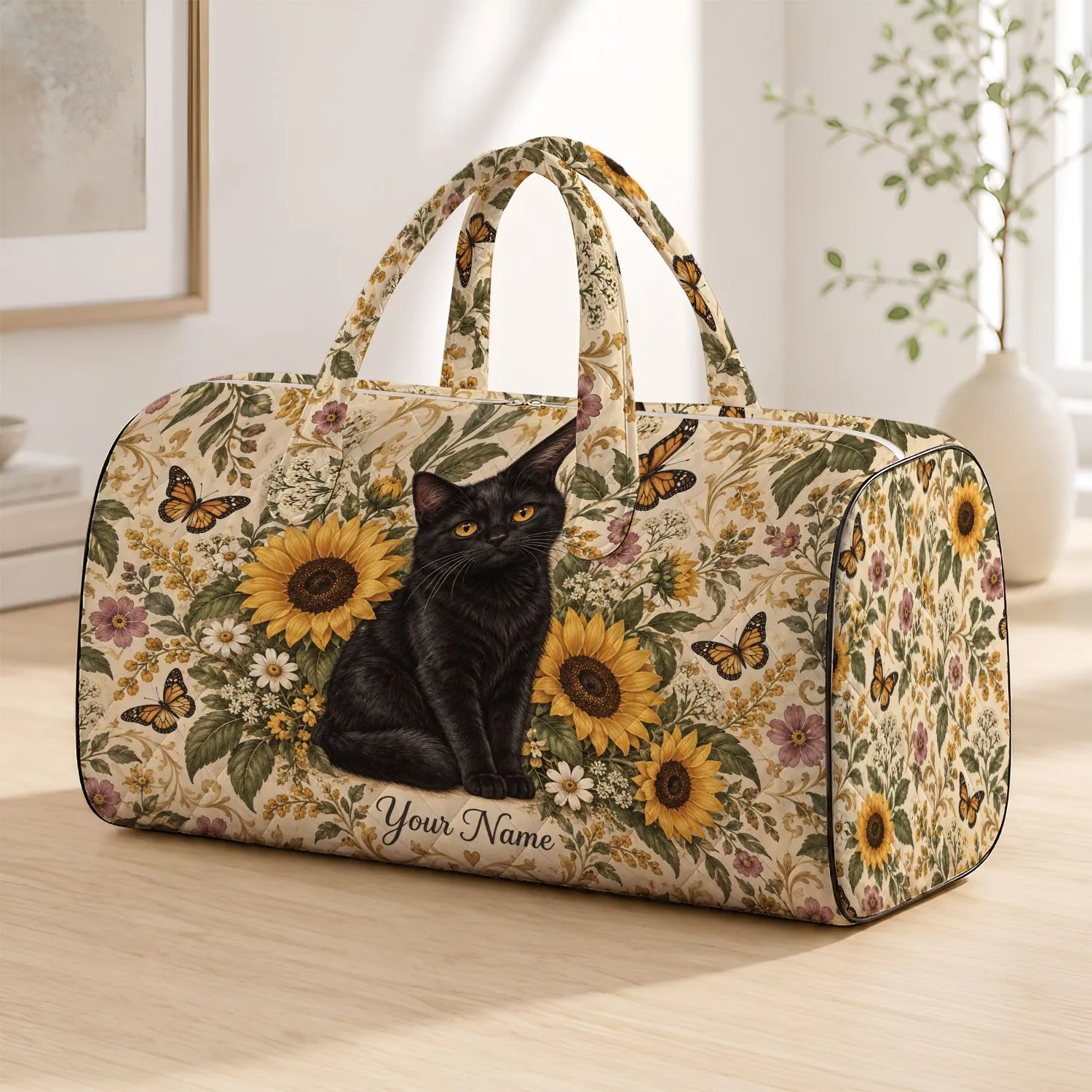 Black Cat, Sunflowers and Butterflies for Relaxed Weekend Getaways and Cat Lovers Quilted Weekend Bag - 1