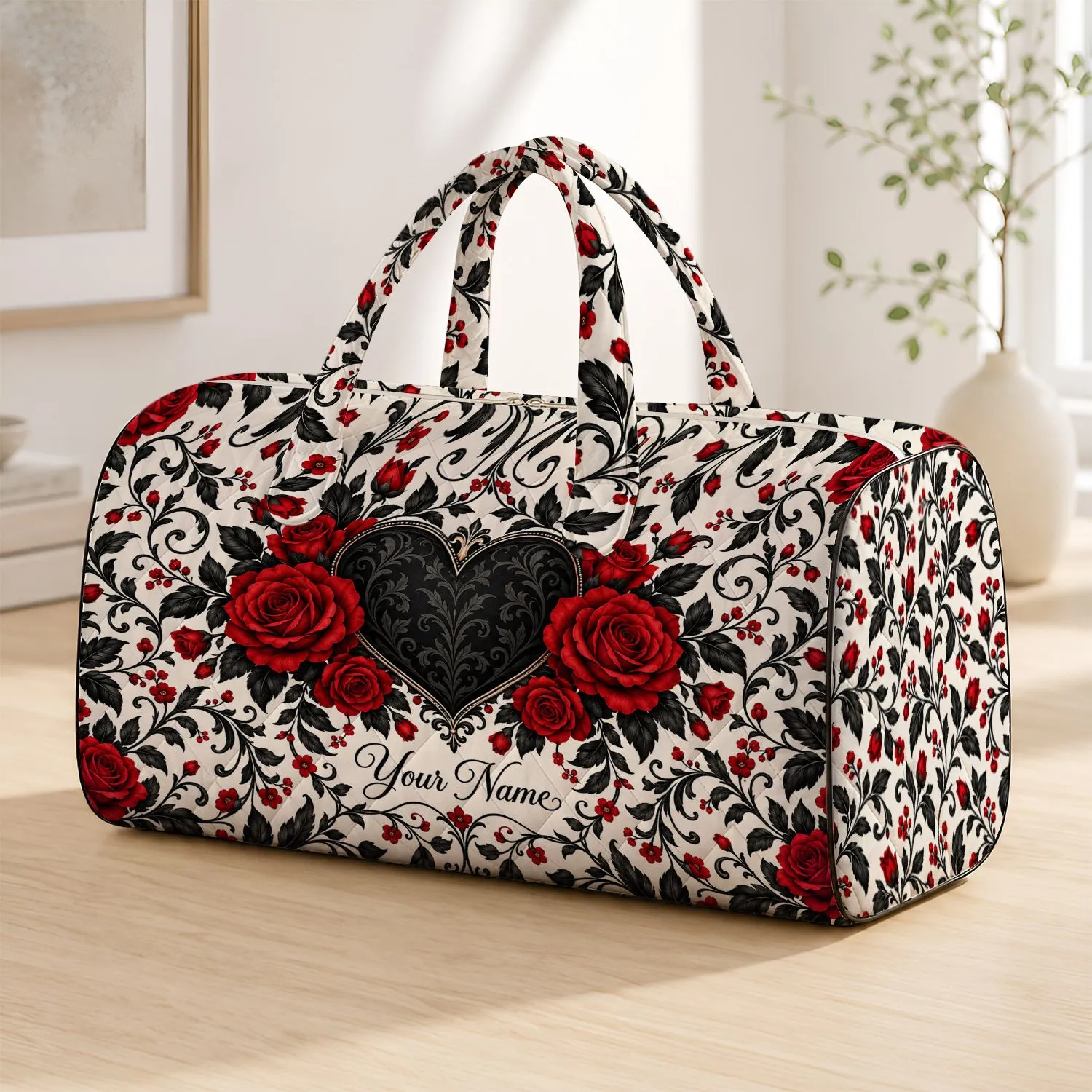 Black Heart and Crimson Roses for Romantic Getaways and Bold Everyday Travel Style Quilted Weekend Bag - 1