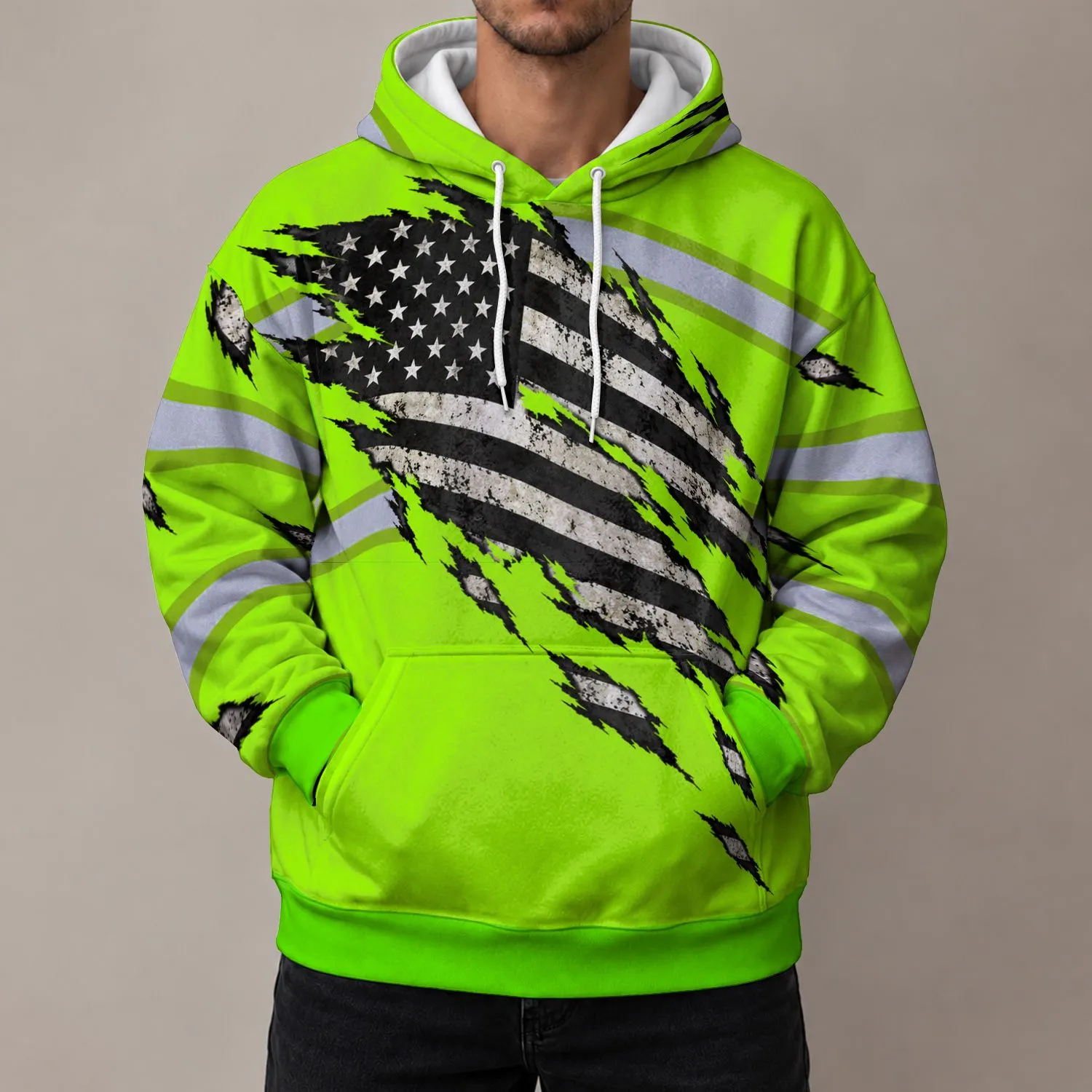Neon Green Torn American Flag Workwear for Outdoor Jobs and Weekend Adventures All-over Print Hoodie (Lightweight) - 1