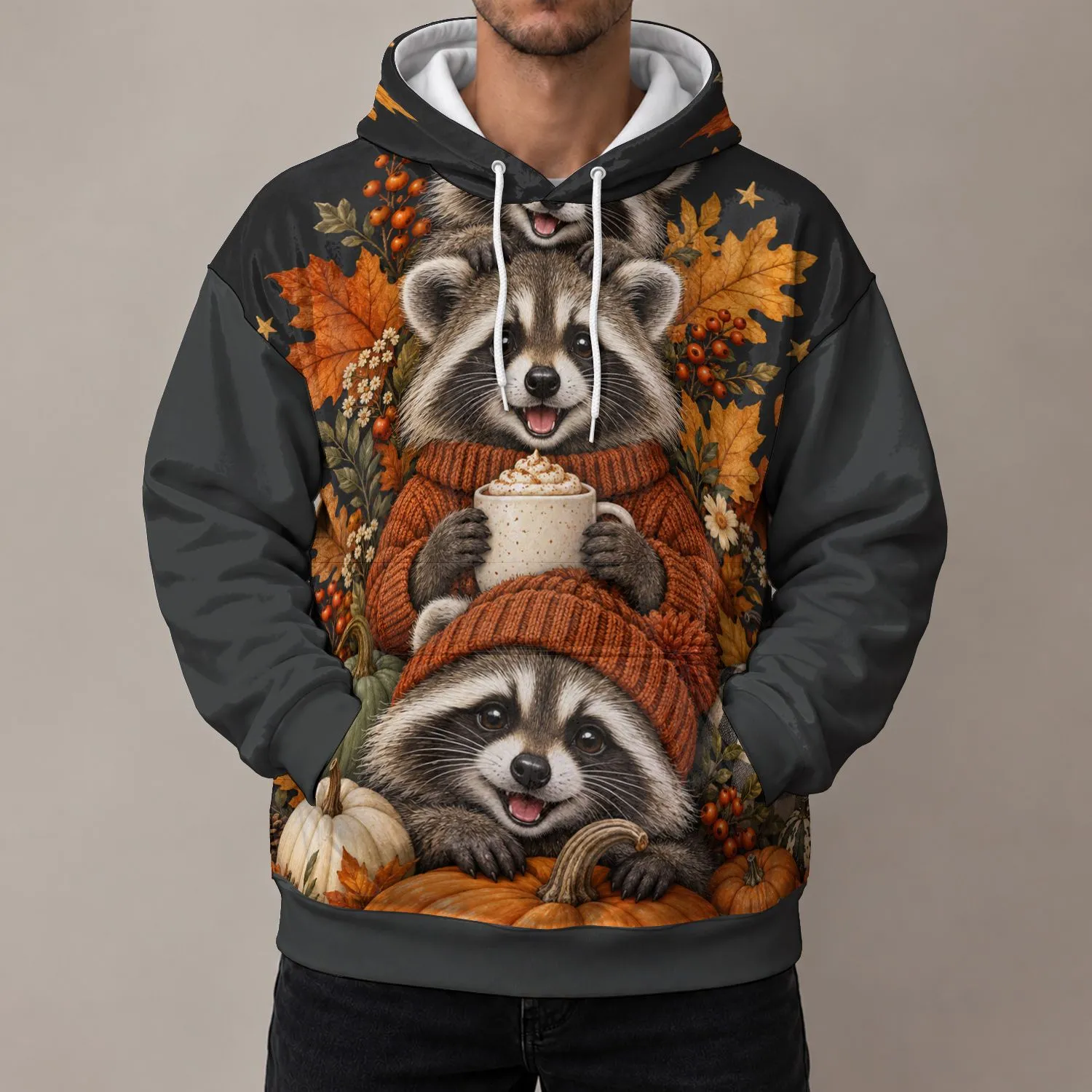 Three Cozy Raccoons and Autumn Pumpkins for Halloween and Thanksgiving Gatherings All-over Print Hoodie (Lightweight) - 1