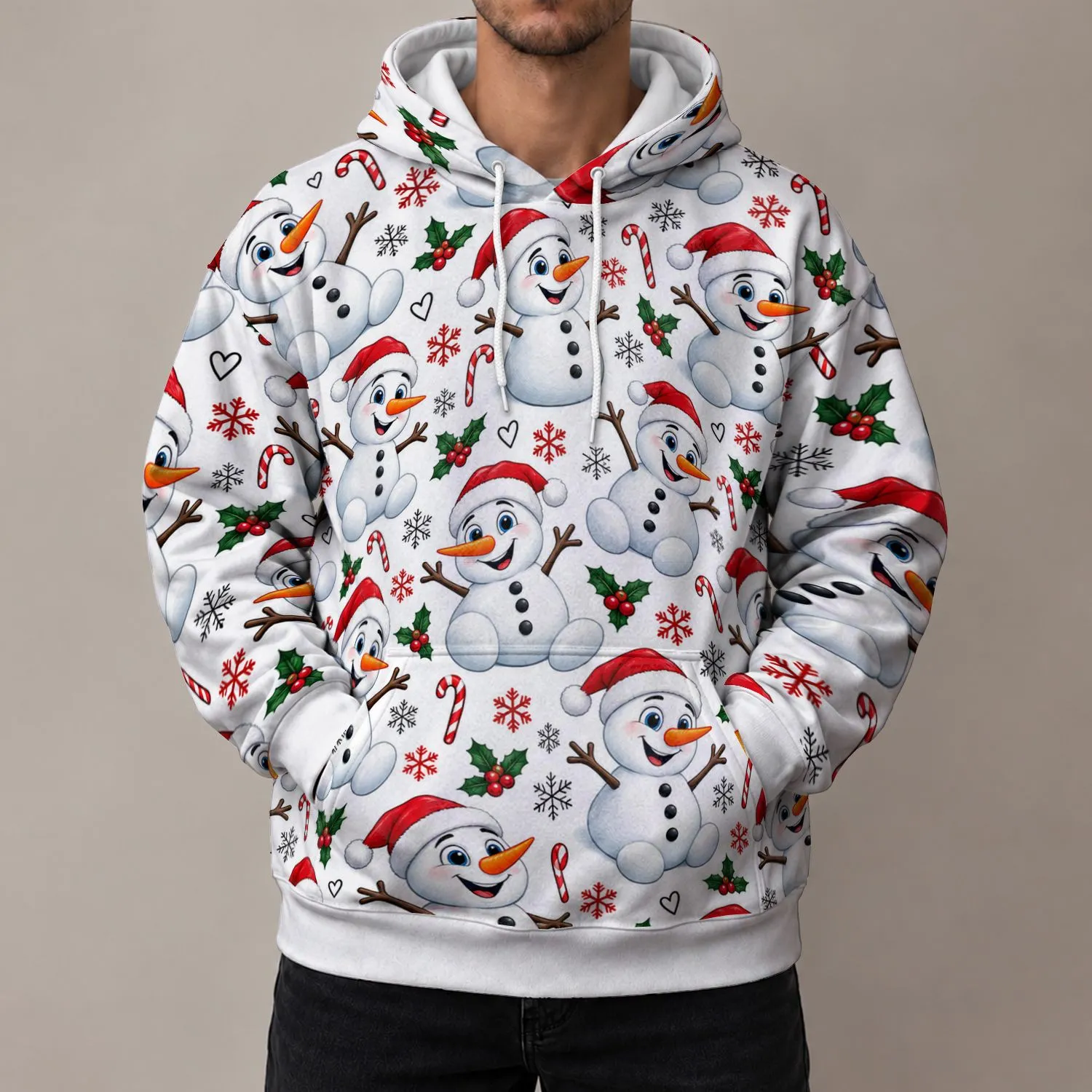 Smiling Snowman in Santa Hat for Cozy Christmas Celebrations and Winter Gift Giving All-over Print Hoodie (Lightweight) - 1