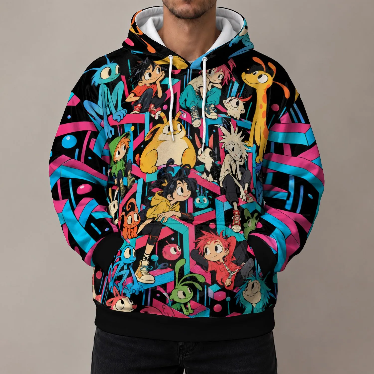 Retro Cartoon Character Collage for Nostalgic Weekend Fun and Classic Animation Fans All-over Print Hoodie (Lightweight) - 1