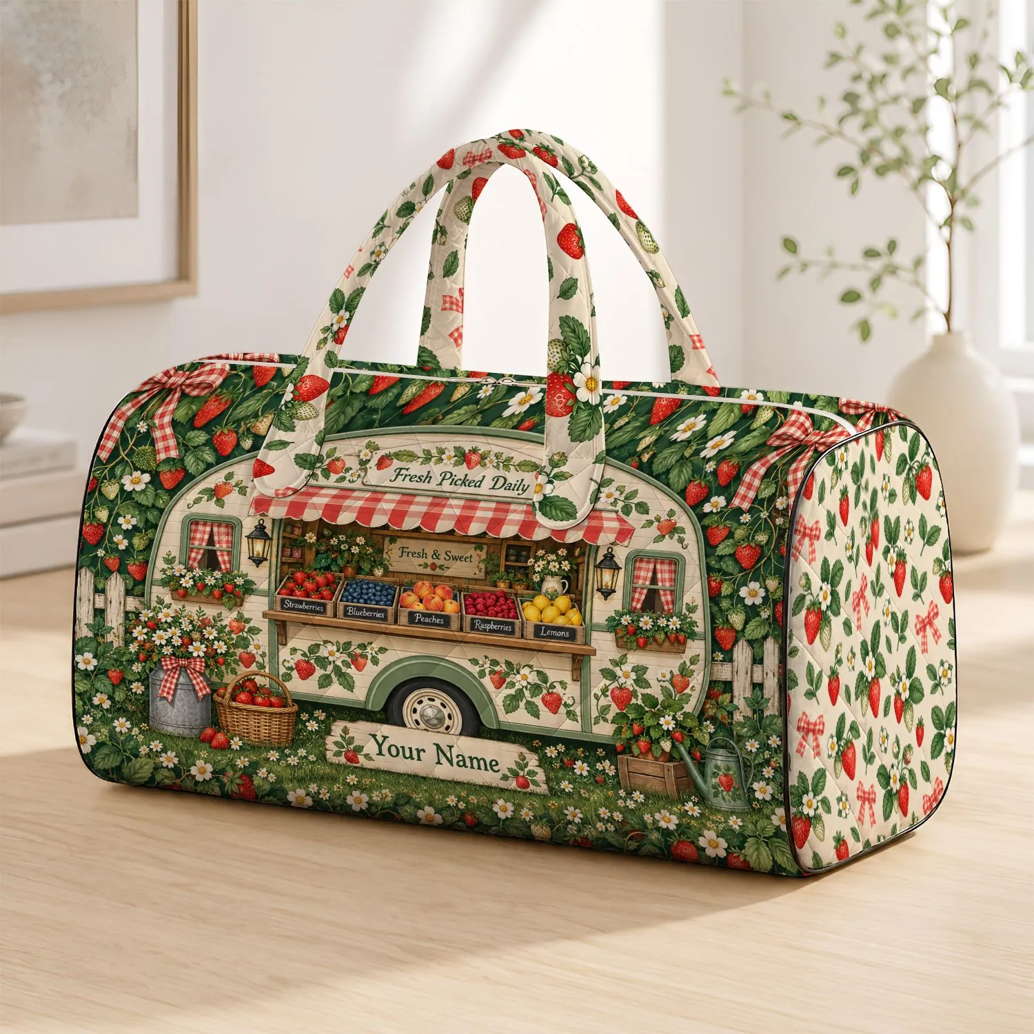Strawberry Market Caravan And Cottage Garden Charm For Weekend Getaways With Mom Quilted Weekend Bag - 1