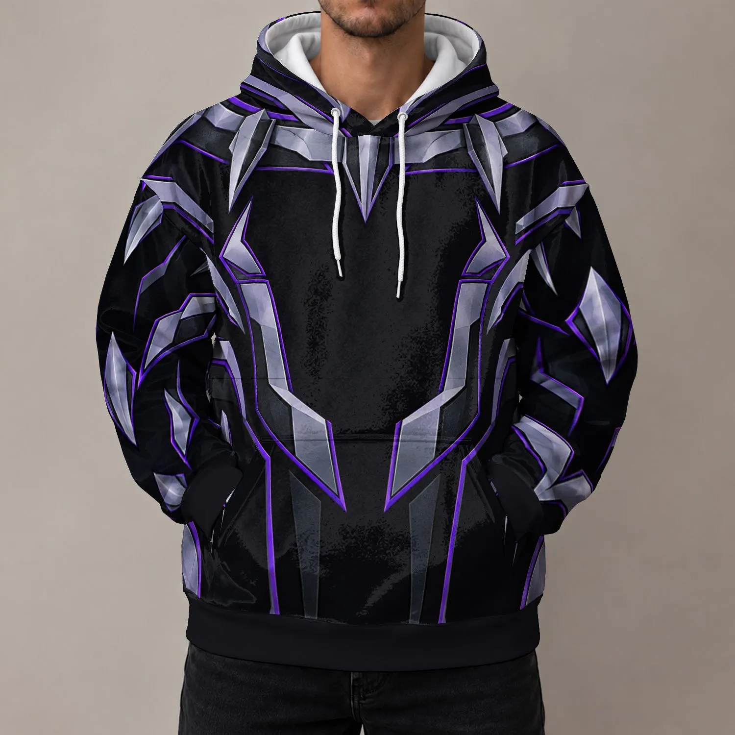 Black And Violet Panther Armor Costume Motif for Cosplay Events and Fan Gatherings All-over Print Hoodie (Lightweight) - 1