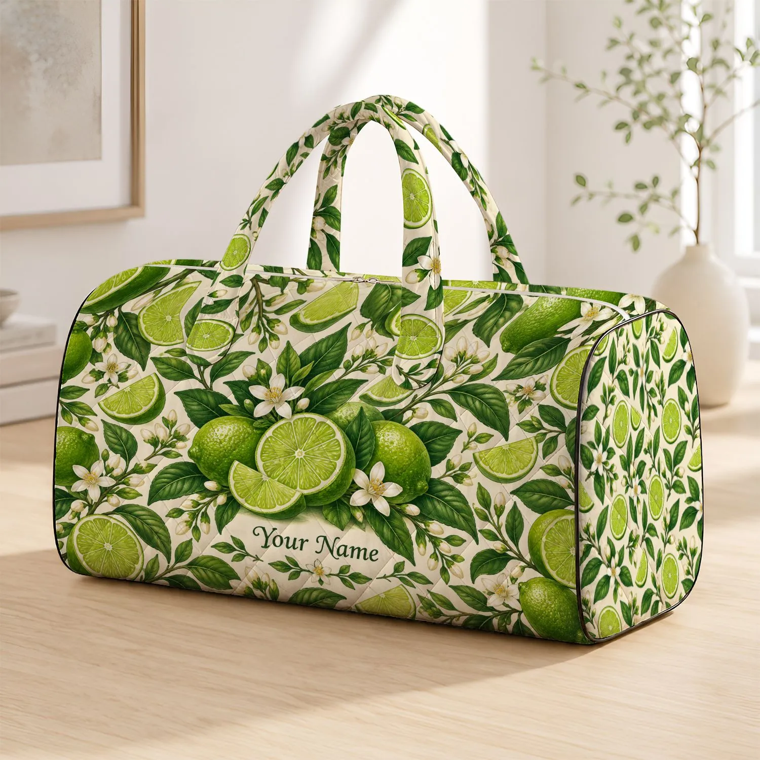 Lime Slice and Green Leaf Citrus Style for Bright Summer Travel and Vacation Getaways Quilted Weekend Bag - 1