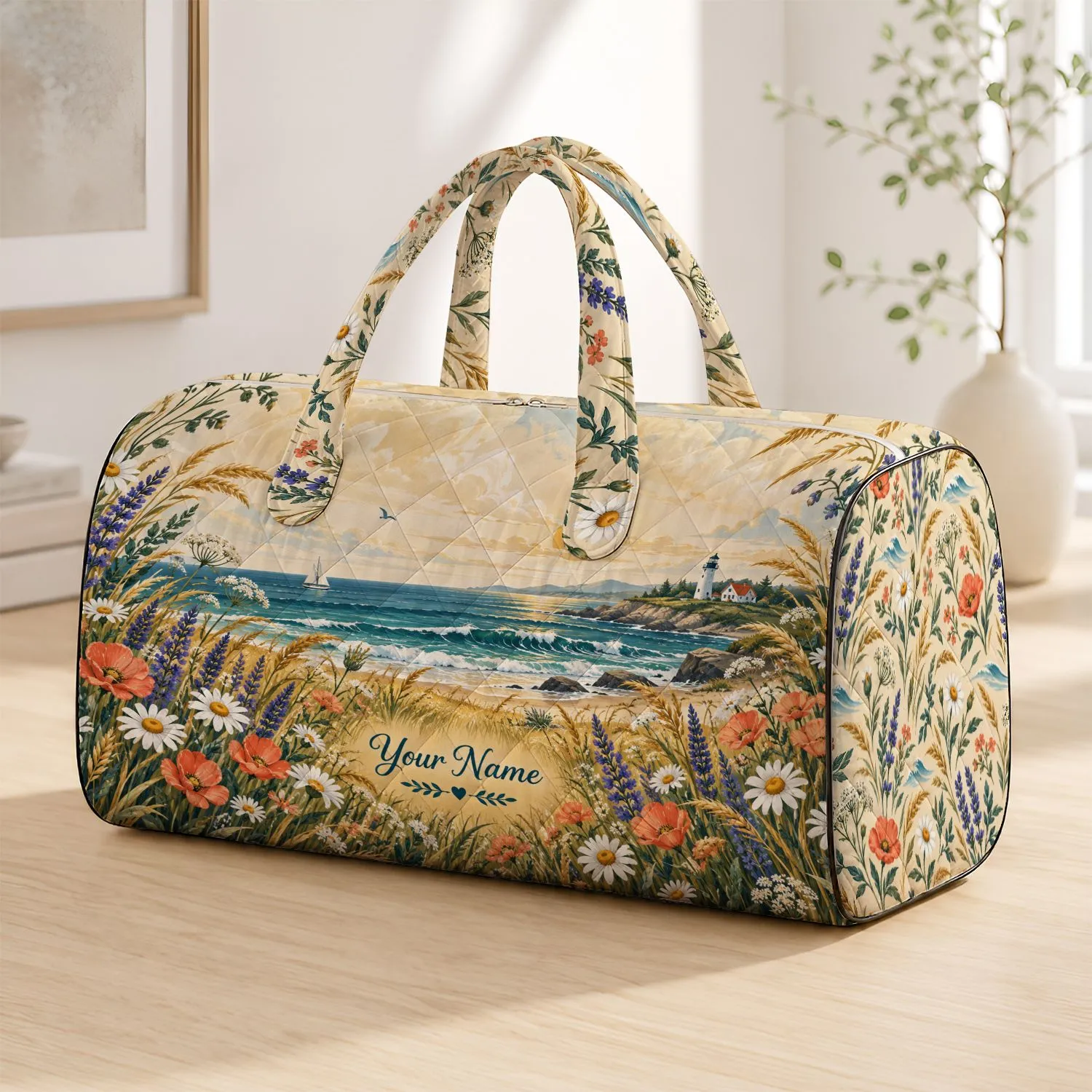 Wildflower Meadow And Blue Coastal Waves For Relaxed Summer Vacation And Scenic Getaways Quilted Weekend Bag - 1