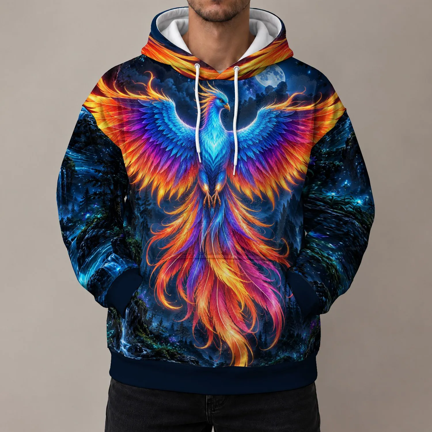 Radiant Phoenix Over Bioluminescent Forest For Bold Nighttime Streetwear Fans All-over Print Hoodie (Lightweight) - 1