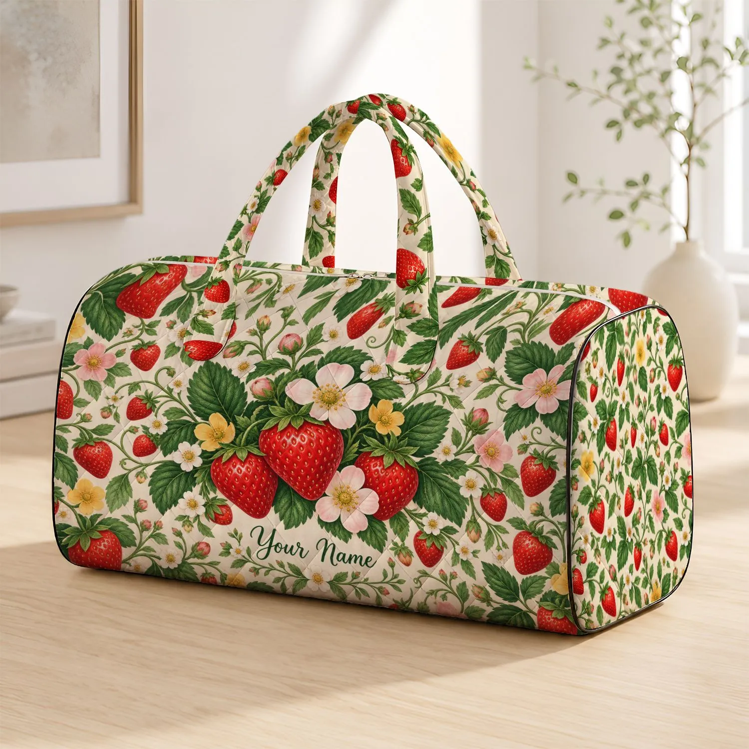 Scarlet Strawberries and Garden Blossoms for Cheerful Summer Getaways and Weekend Escapes Quilted Weekend Bag - 1