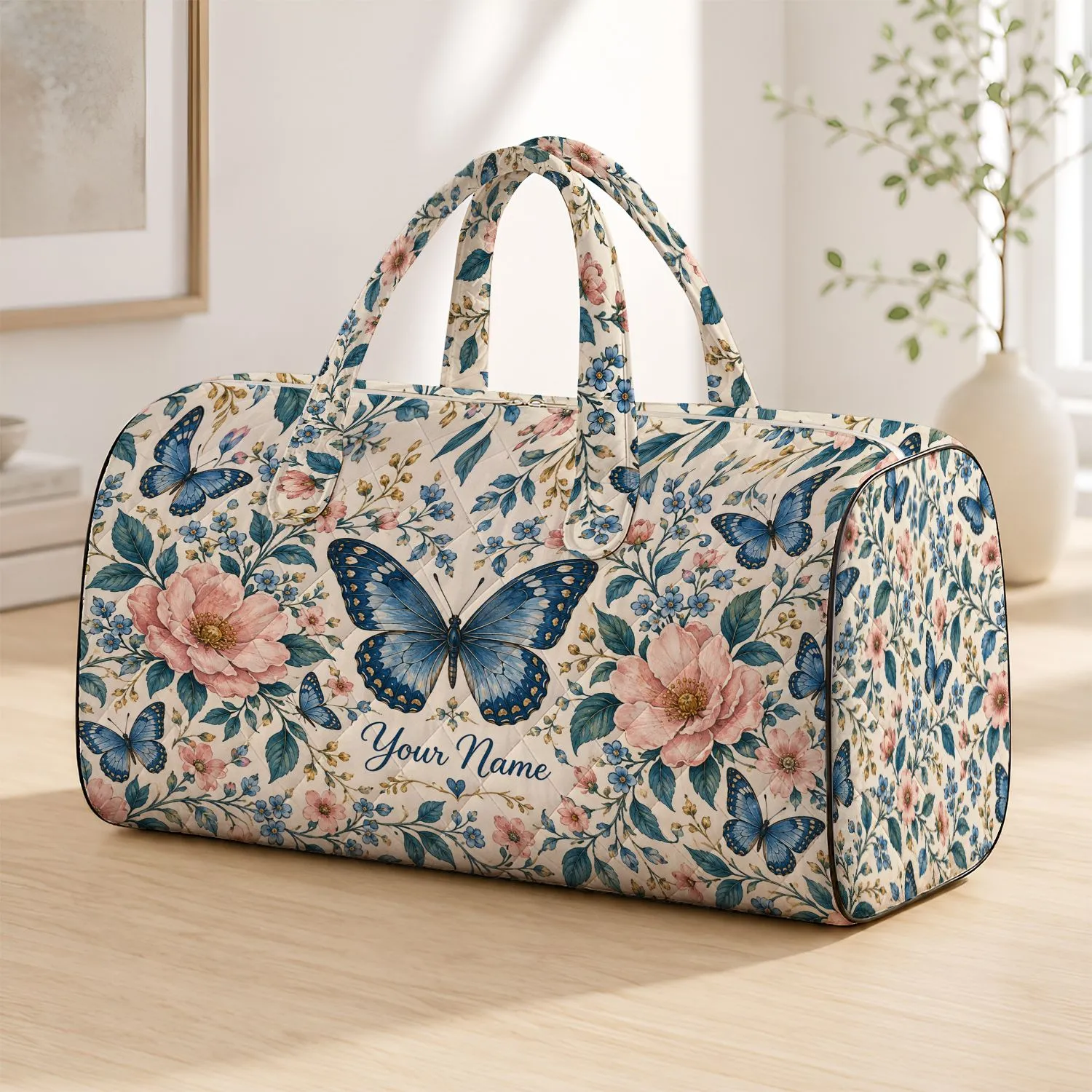 Blue Butterflies And Blush Flowers For Romantic Summer Vacation Getaways Quilted Weekend Bag - 1