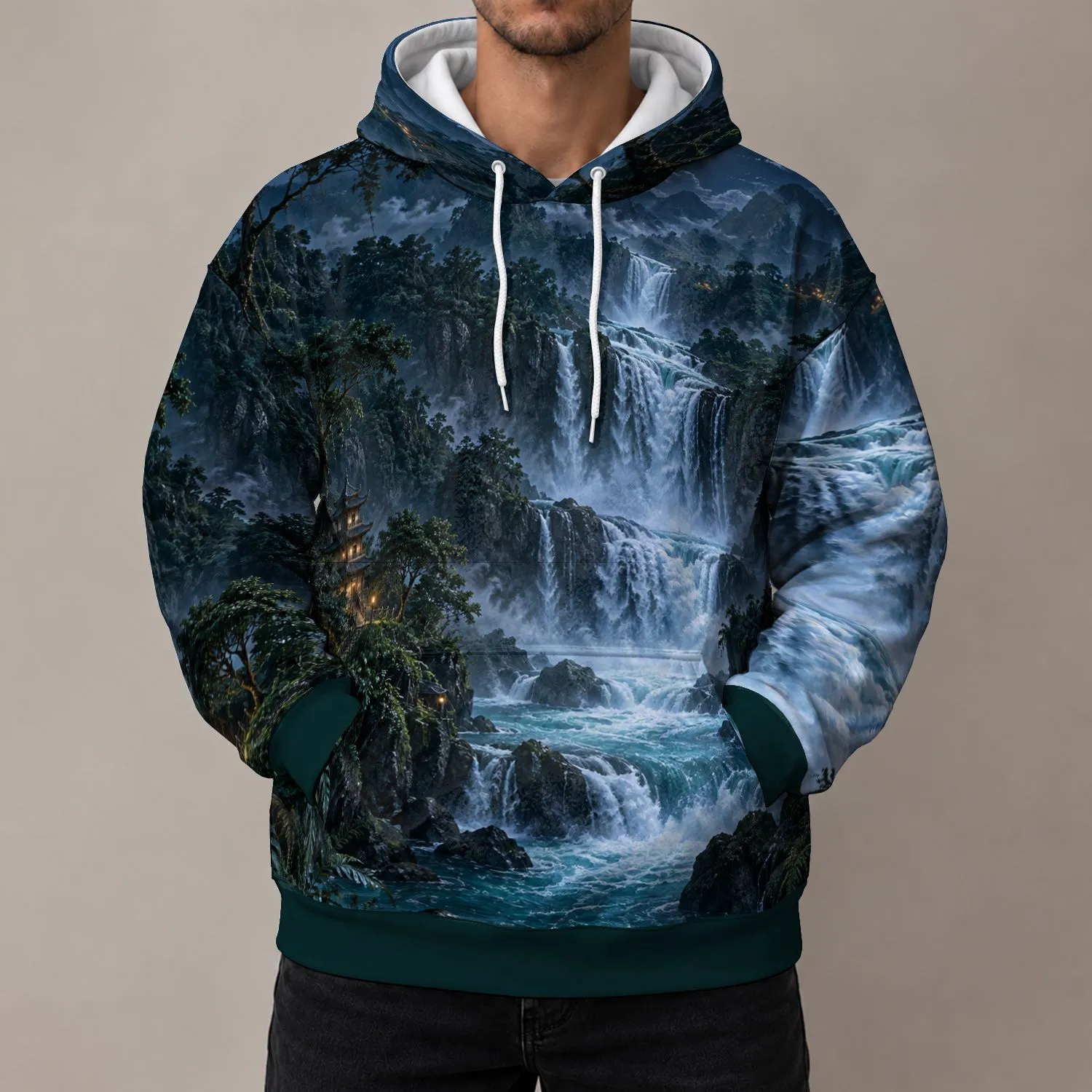 Nighttime Waterfall Valley for Scenic Outdoor Adventures and Nature Lovers All-over Print Hoodie (Lightweight) - 1