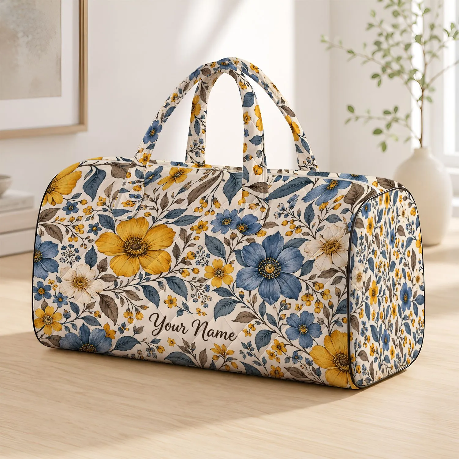 Mustard And Slate Blue Wildflowers For Chic Vacation Getaways And Everyday Travel Quilted Weekend Bag - 1
