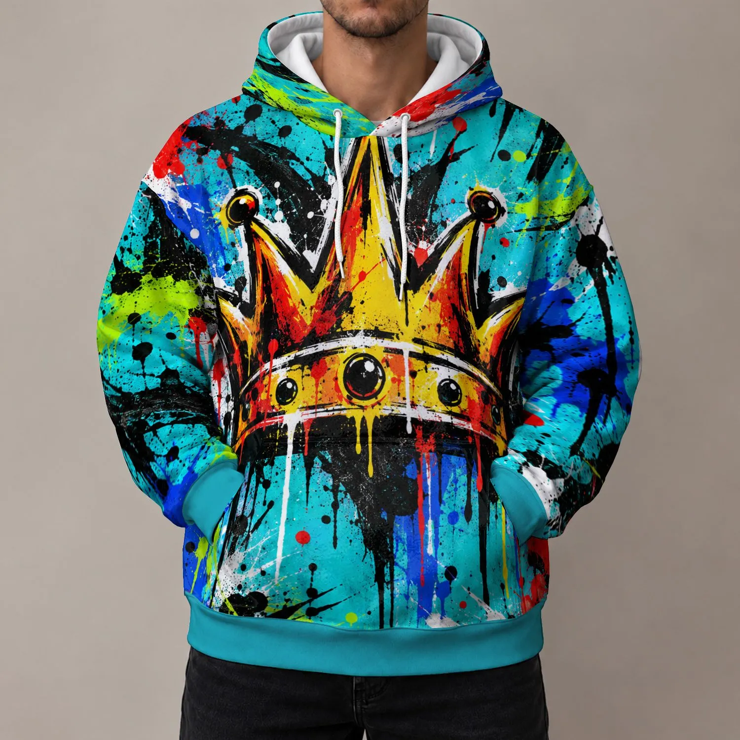 Bold Turquoise Crown And Splatter Art For Everyday Streetwear And Creative Youth Style All-over Print Hoodie (Lightweight) - 1