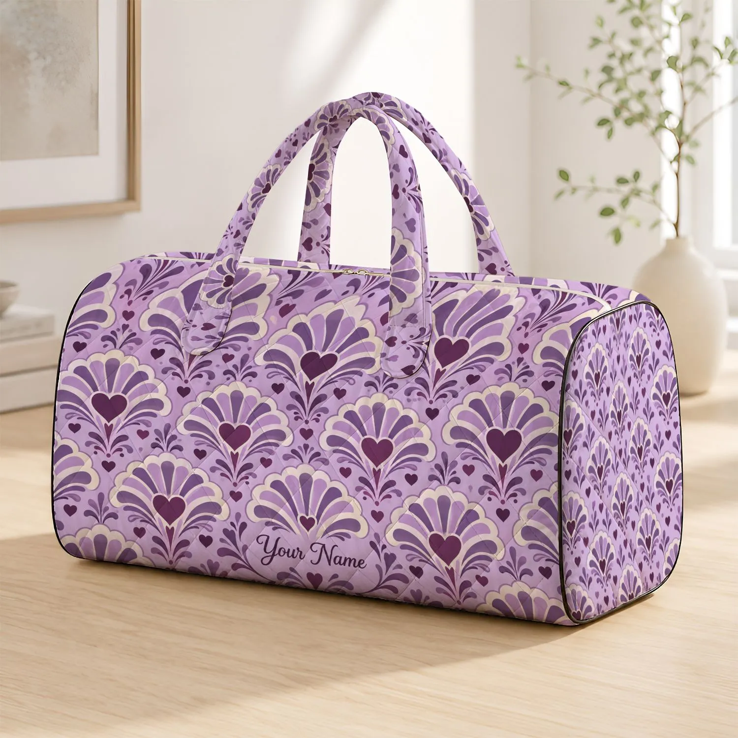 Lilac Heart Fans for Lavender Field Getaways and Romantic Countryside Travel Quilted Weekend Bag - 1