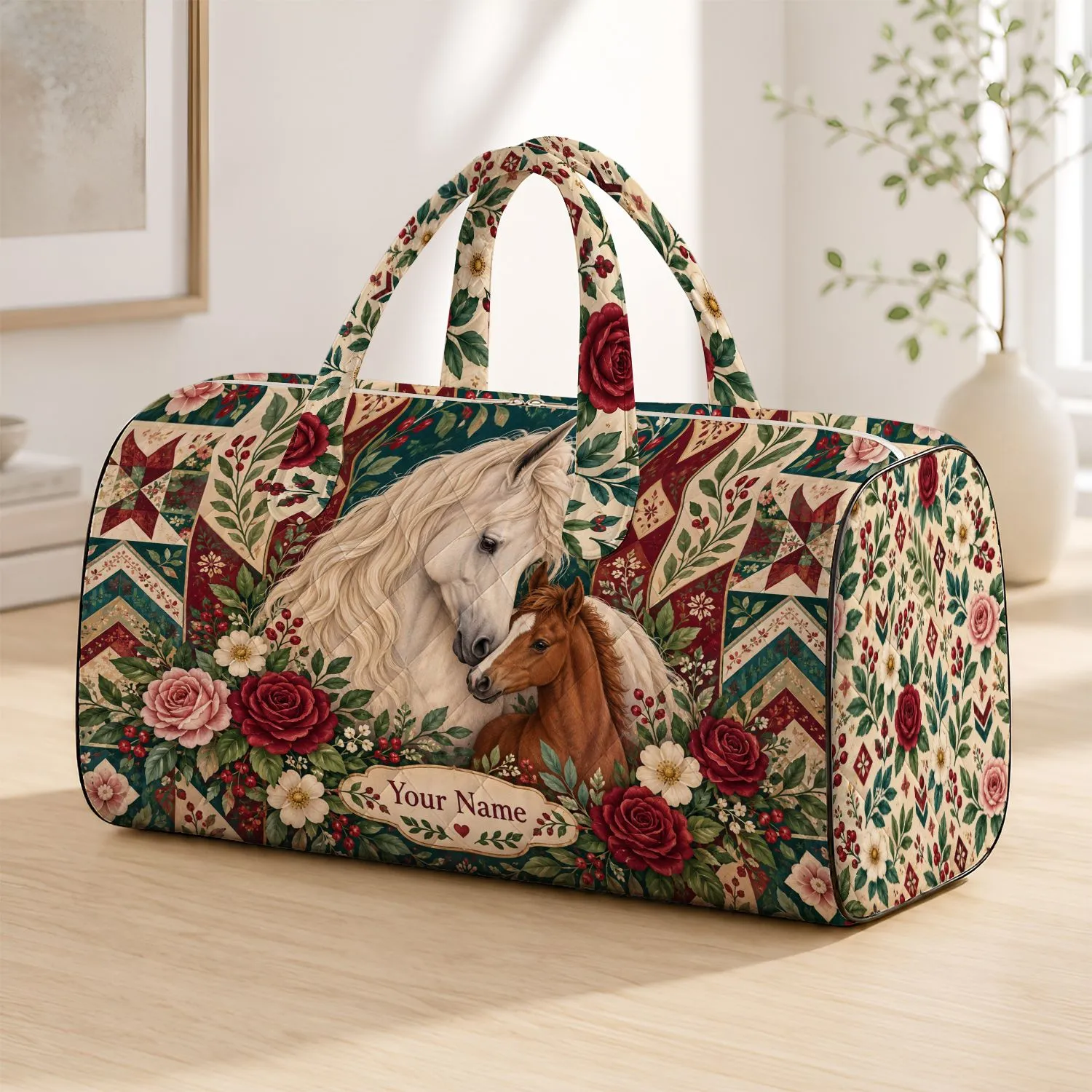 White Horse and Foal with Roses for Countryside Escapes and Equestrian Lovers Quilted Weekend Bag - 1