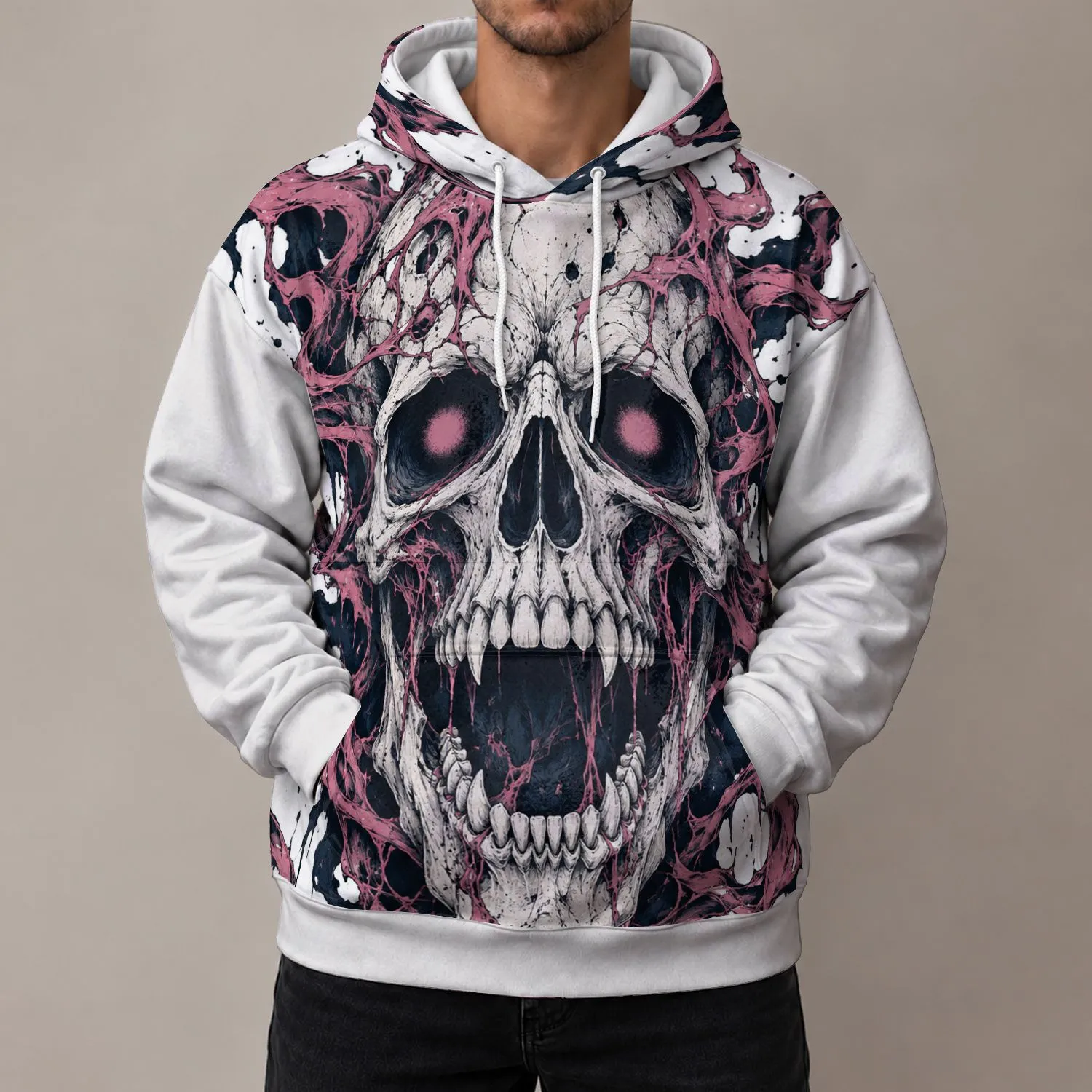 Pink Horror Skull Motif for Alternative Nightlife and Everyday Streetwear Style All-over Print Hoodie (Lightweight) - 1