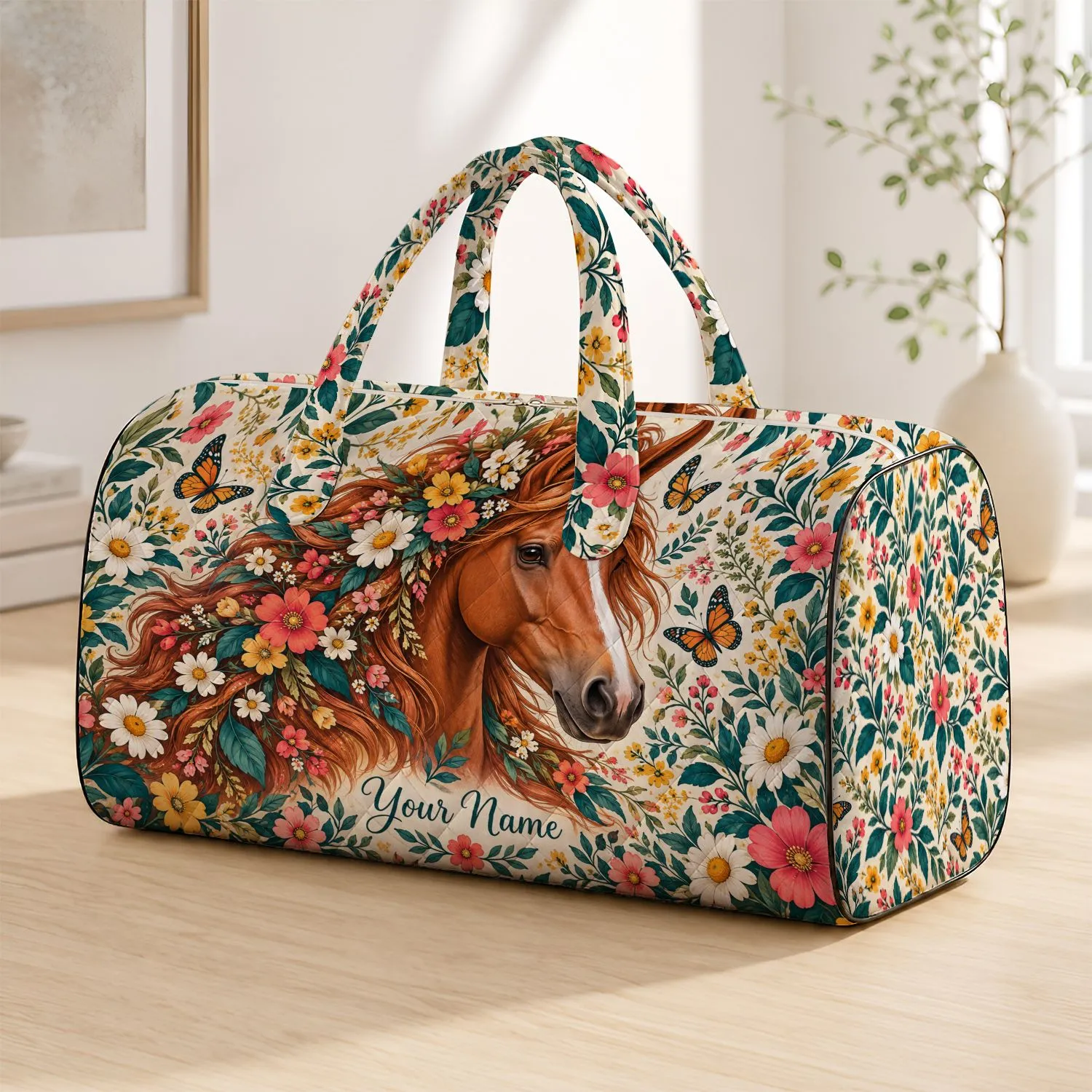 Floral Mane Horse, Butterflies and Meadow Blooms for Nature-Loving Getaways and Retreats Quilted Weekend Bag - 1