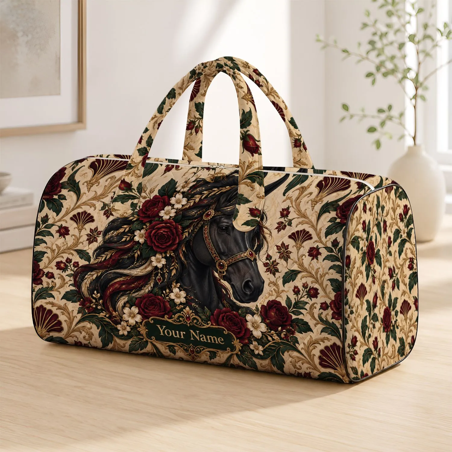 Floral Black Horse with Jewel-Toned Mane for Elegant Weekend Getaways and Horse Lovers Quilted Weekend Bag - 1