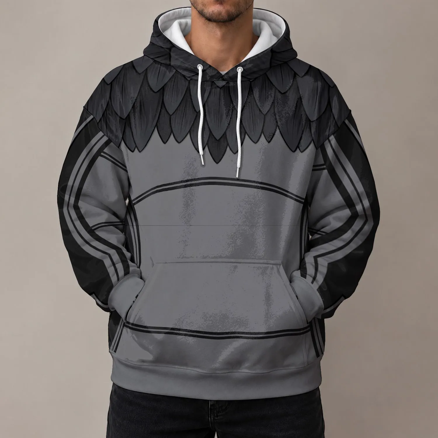 Dark Feathered Gray Costume Surface for Halloween Cosplay and Dedicated Gaming Fans All-over Print Hoodie (Lightweight) - 1