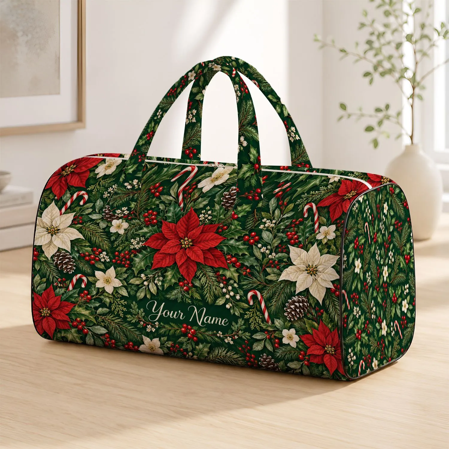 Deep Green Poinsettia and Holly Blooms for Festive Winter Travel and Garden Lovers Quilted Weekend Bag - 1