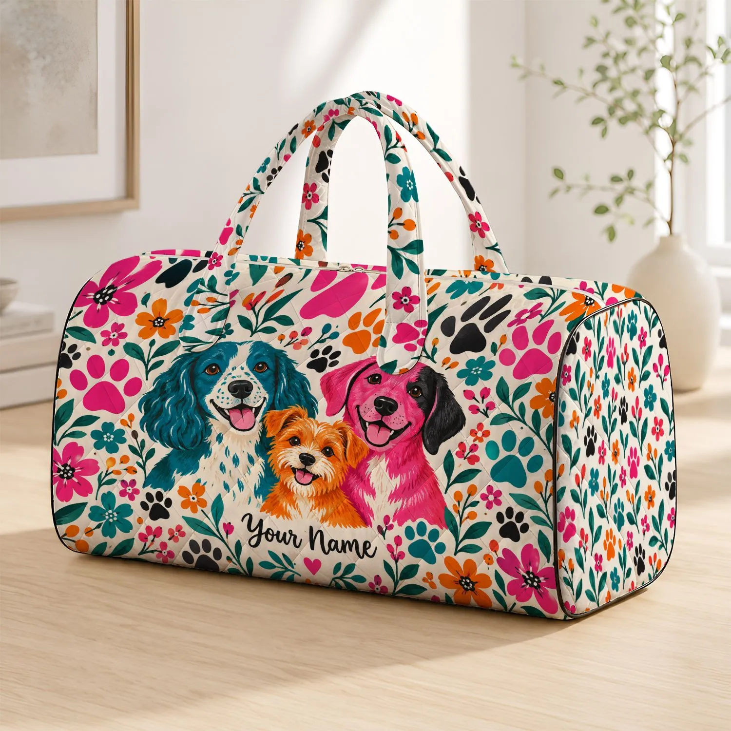 Colorful Dog Faces and Paw Prints for Bright Spring Adventures with Your Favorite Pet Quilted Weekend Bag - 1