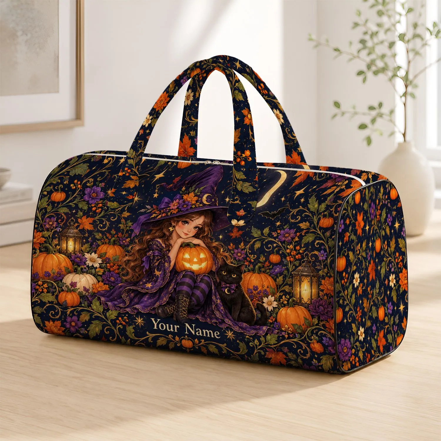 Moonlit Witch, Pumpkin and Black Cat for Enchanted Autumn Travel and Halloween Gifts Quilted Weekend Bag - 1