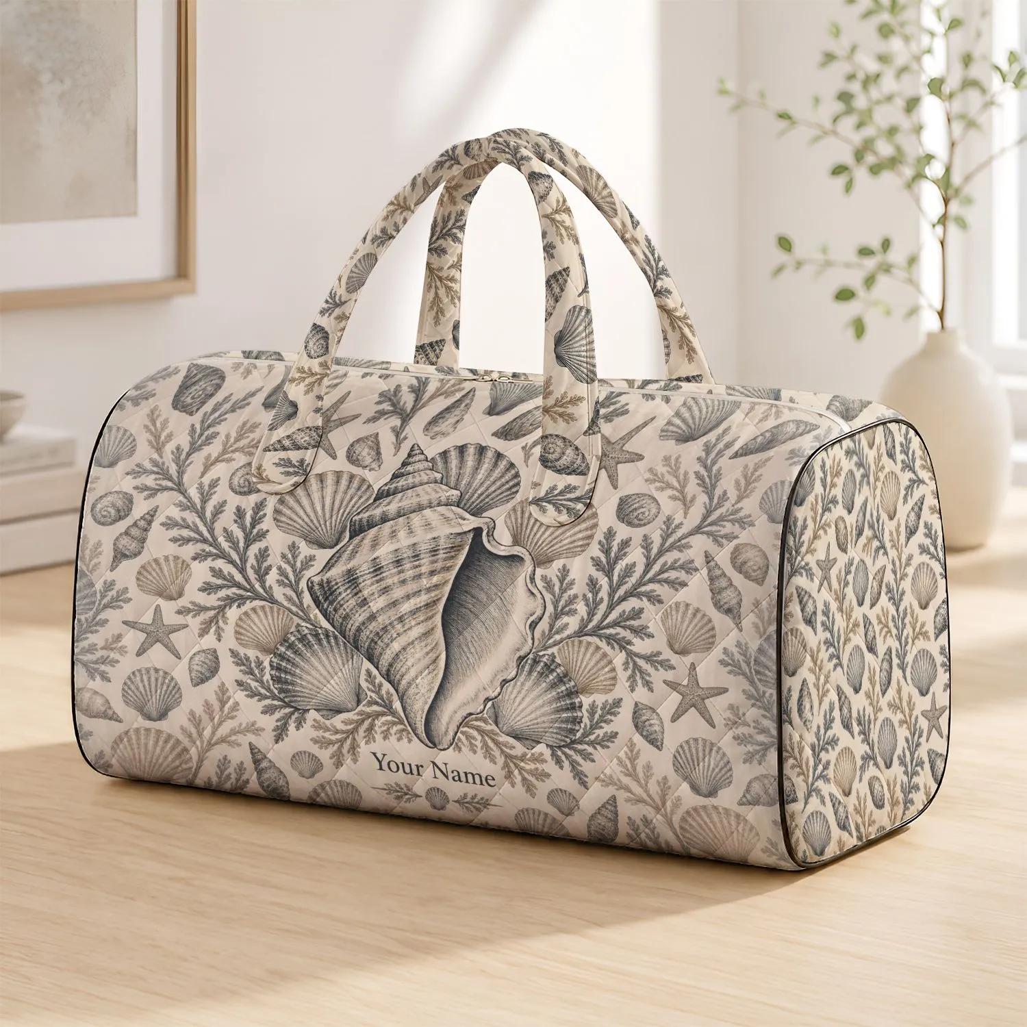 Oversized Spiral Conch Shell and Scallop Halo for Coastal Getaways and Seaside Travel Quilted Weekend Bag - 1