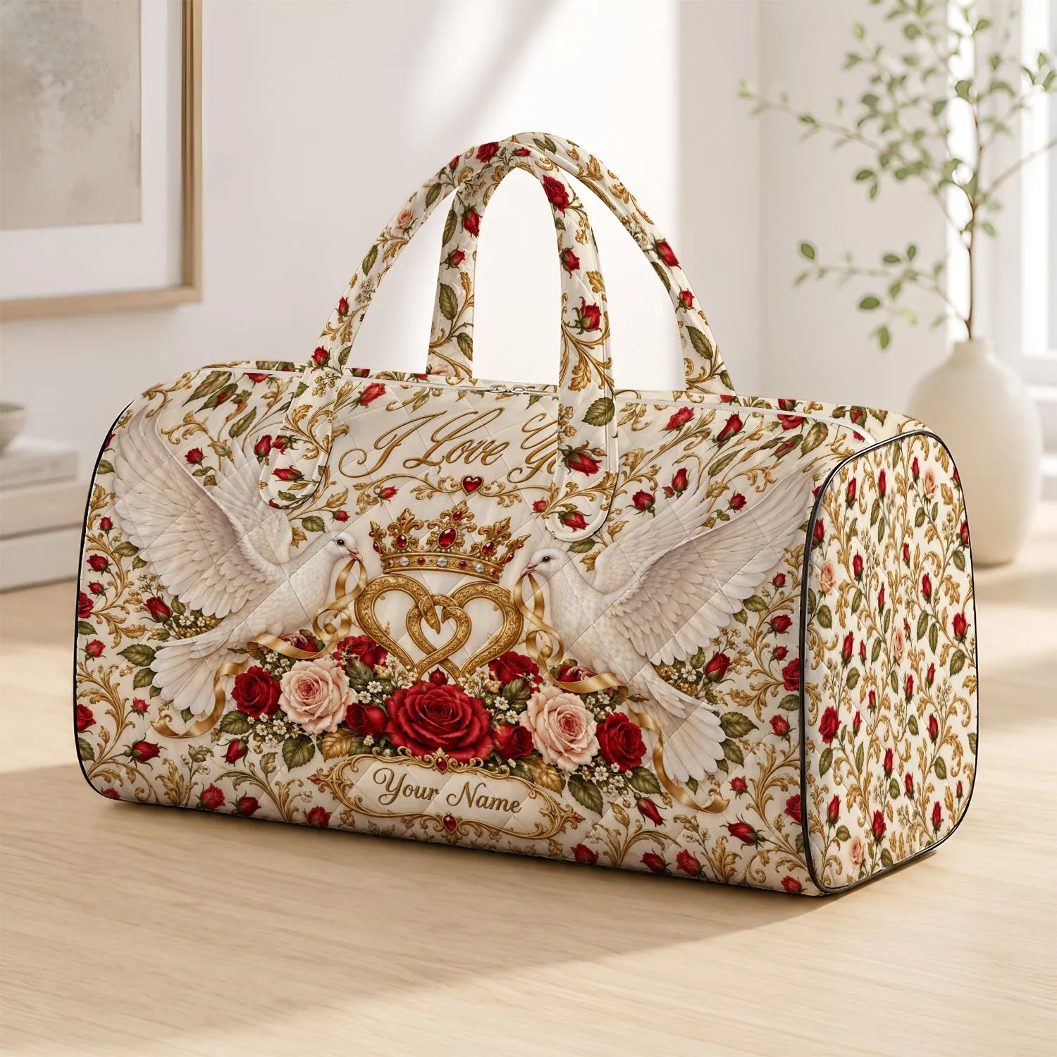 Crowned Doves and Red Roses for Romantic Anniversary Travel and Valentine's Day Gifts Quilted Weekend Bag - 1