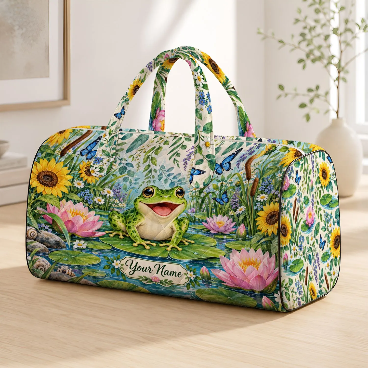 Cheerful Frog Sunflowers And Lilies For Summer Getaways And Nature-Loving Travelers Quilted Weekend Bag - 1