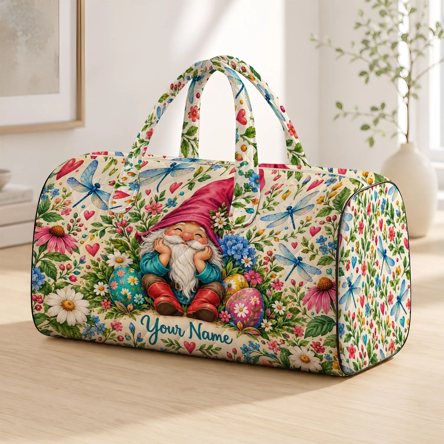 Whimsical Garden Gnome, Dragonflies and Hearts for Cheerful Weekend Getaways Quilted Weekend Bag - 1