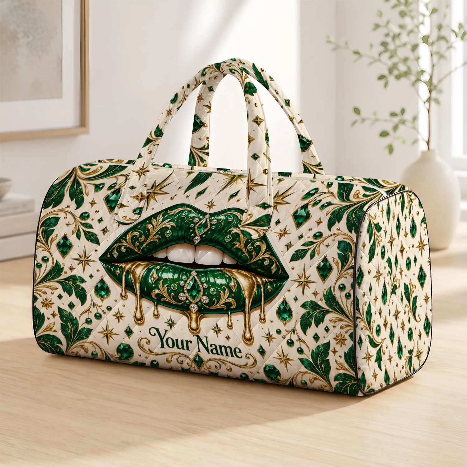 Emerald Gold Melting Lips and Jeweled Stars for Glamorous Travel and Weekend Getaways Quilted Weekend Bag - 1