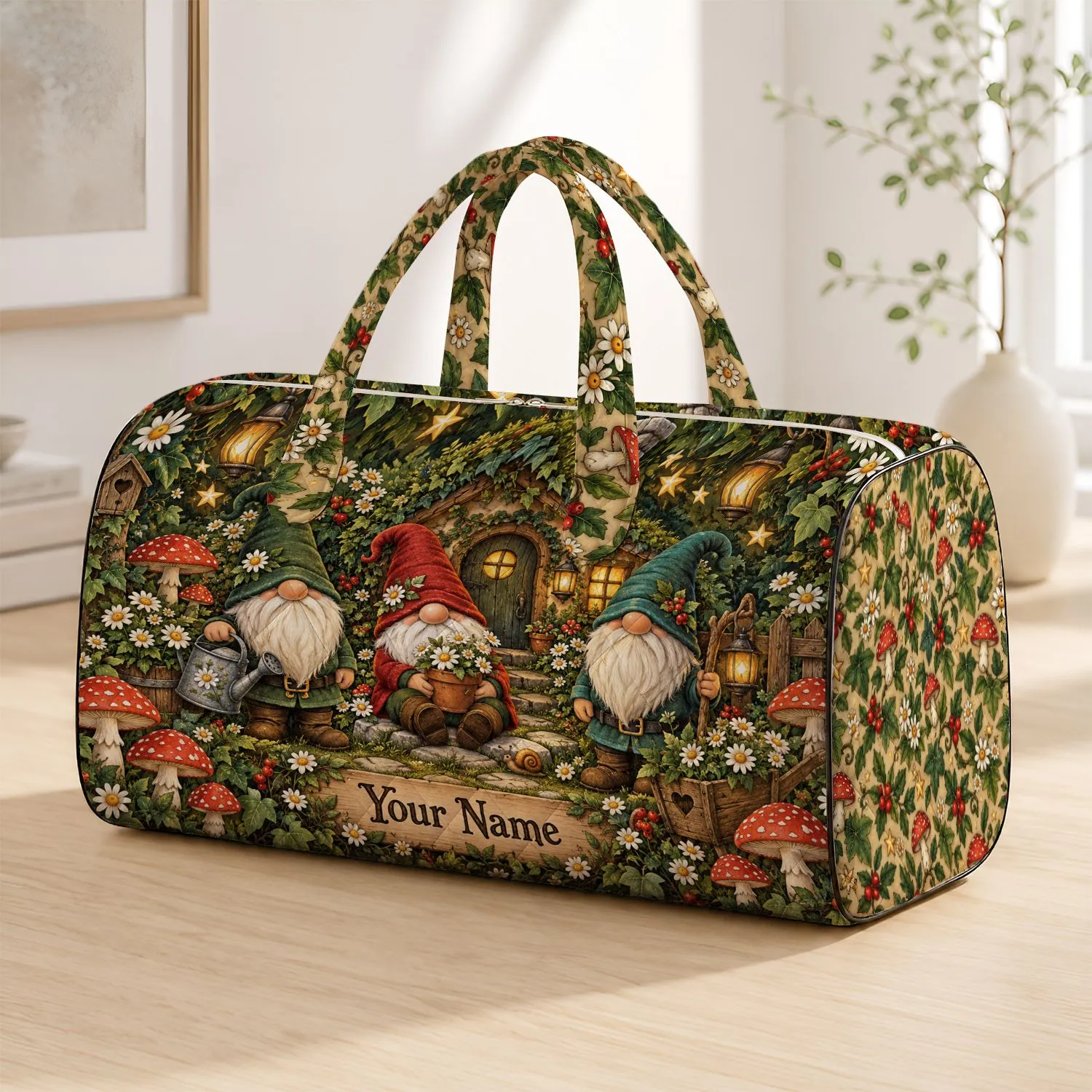 Garden Gnome Mushroom Cottage Charm for Whimsical Holiday Getaways and Gnome Lovers Quilted Weekend Bag - 1