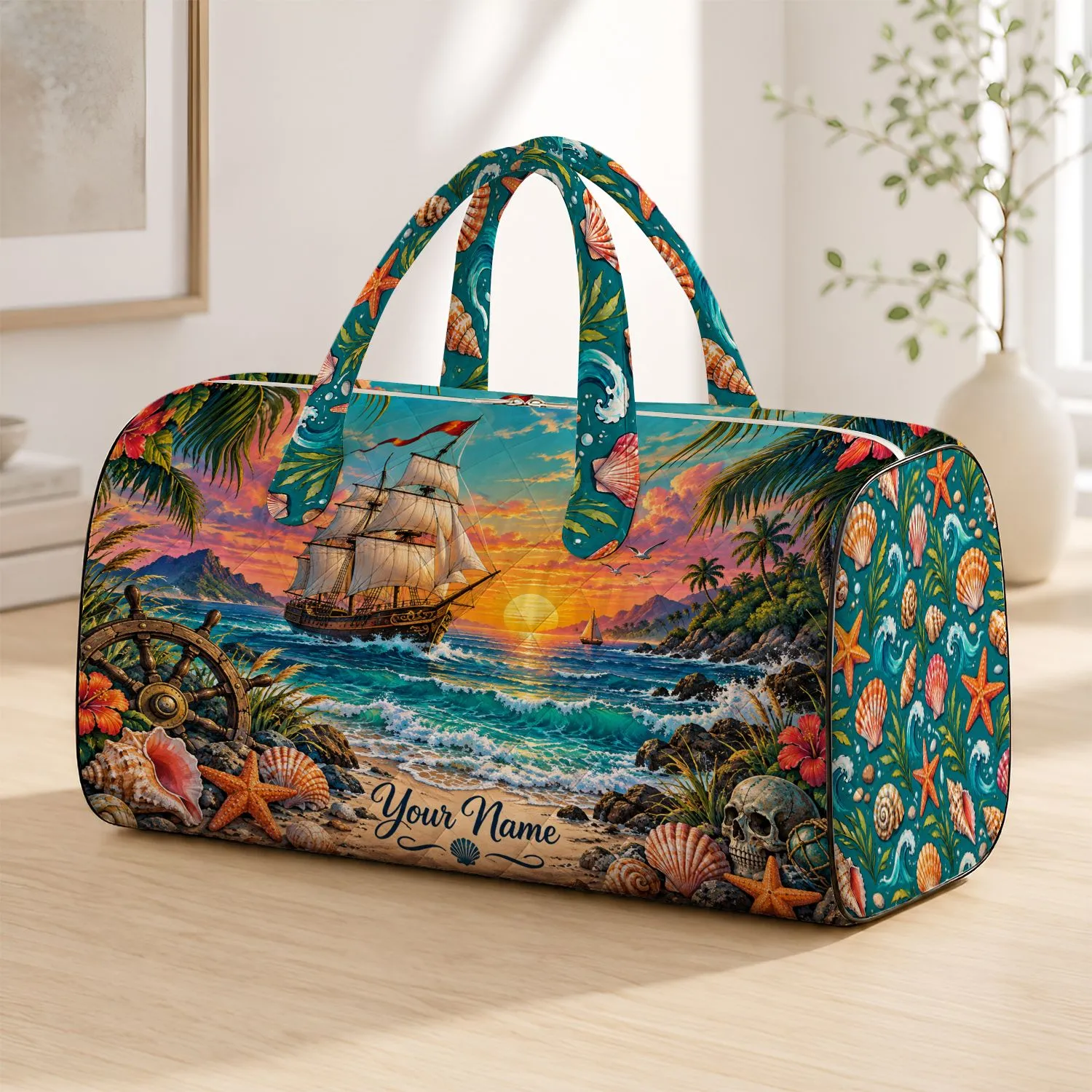 Nautical Sunset Sailboats and Seashells for Coastal Getaways and Summer Travel Lovers Quilted Weekend Bag - 1