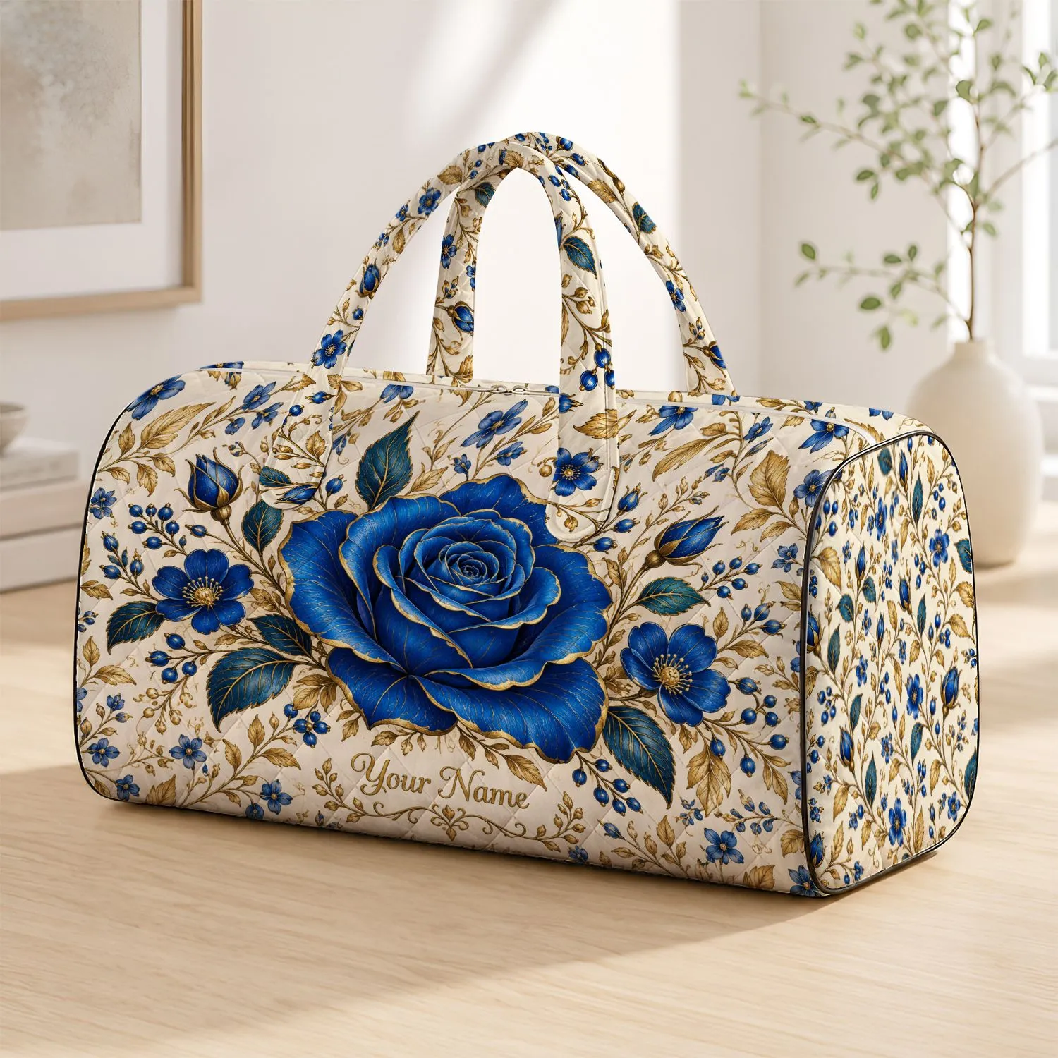 Cobalt Blue Rose and Golden Vines for Elegant Weekend Getaways and Memorable Travel Quilted Weekend Bag - 1