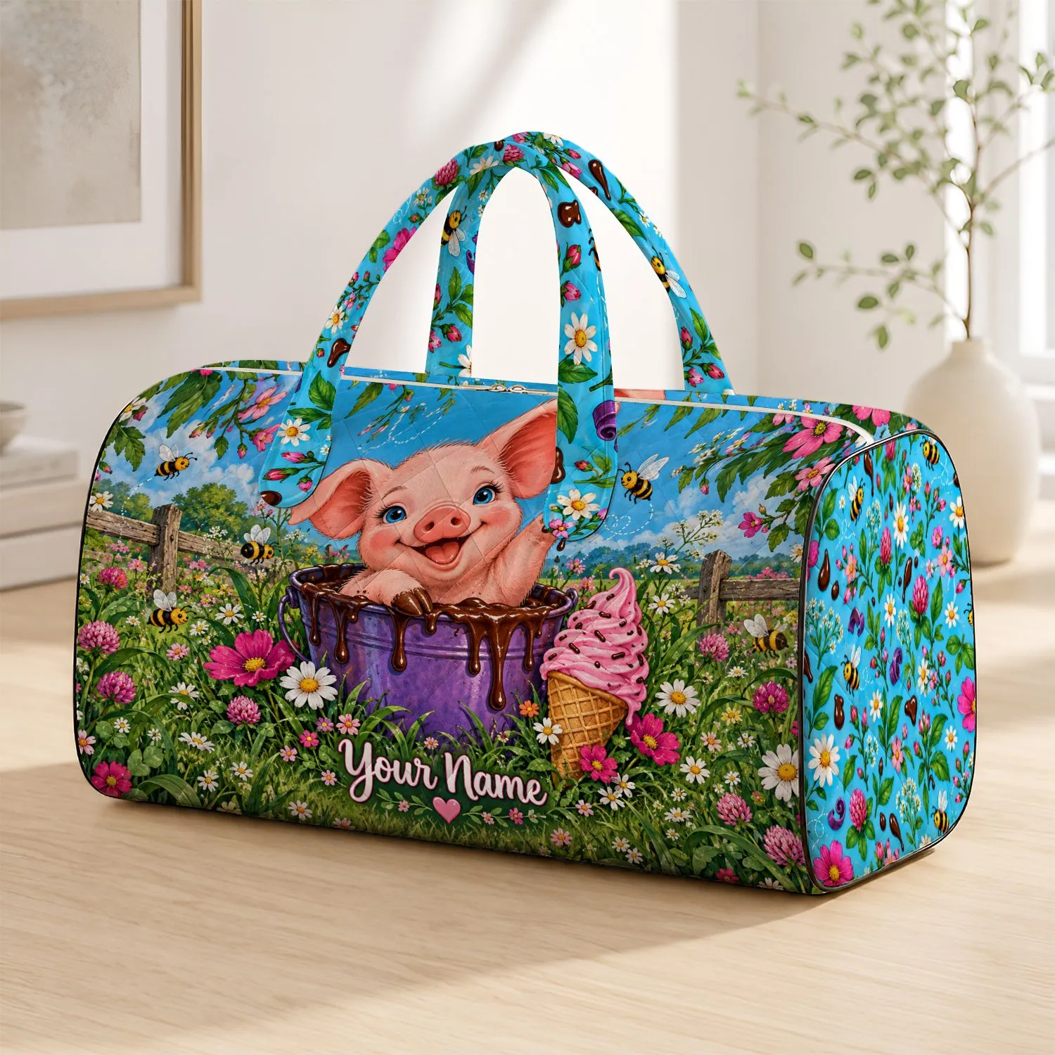 Smiling Piglet in Chocolate Pail with Bees and Blooms for Sunny Summer Getaways Quilted Weekend Bag - 1