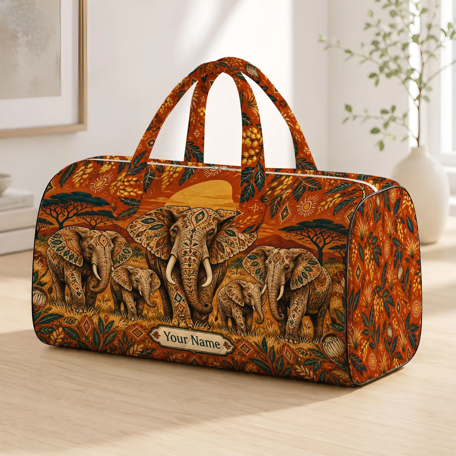 Colorful Elephant Family Safari Sunset Scene for Adventurous Vacation Travel Lovers Quilted Weekend Bag - 1