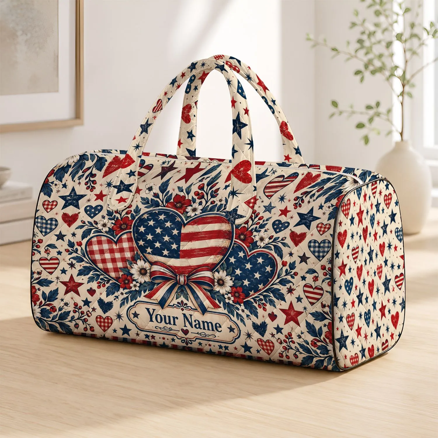Vintage Americana Stars And Hearts For Fourth Of July Summer Getaways And Road Trips Quilted Weekend Bag - 1