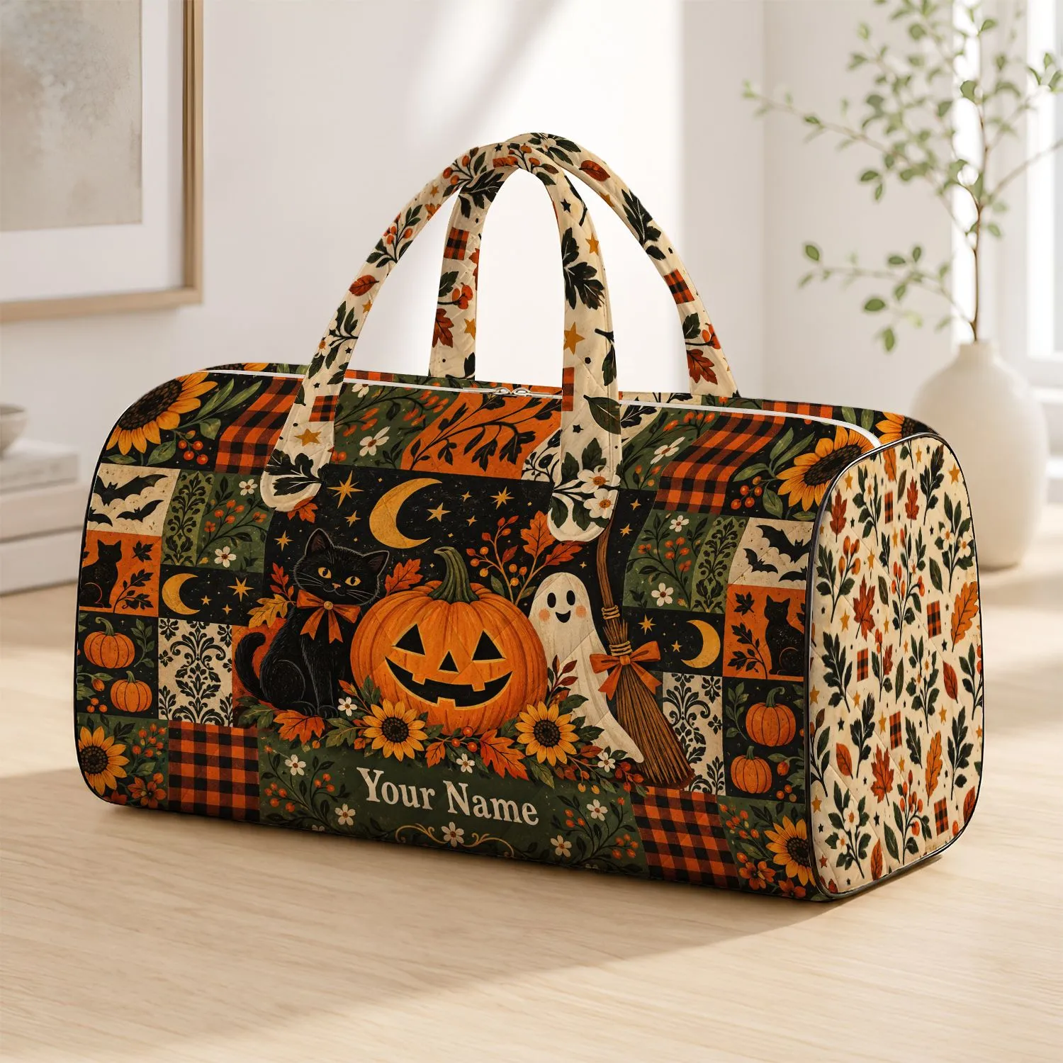 Vintage Halloween Pumpkins, Black Cats and Ghosts for Cozy Autumn Weekend Escapes Quilted Weekend Bag - 1