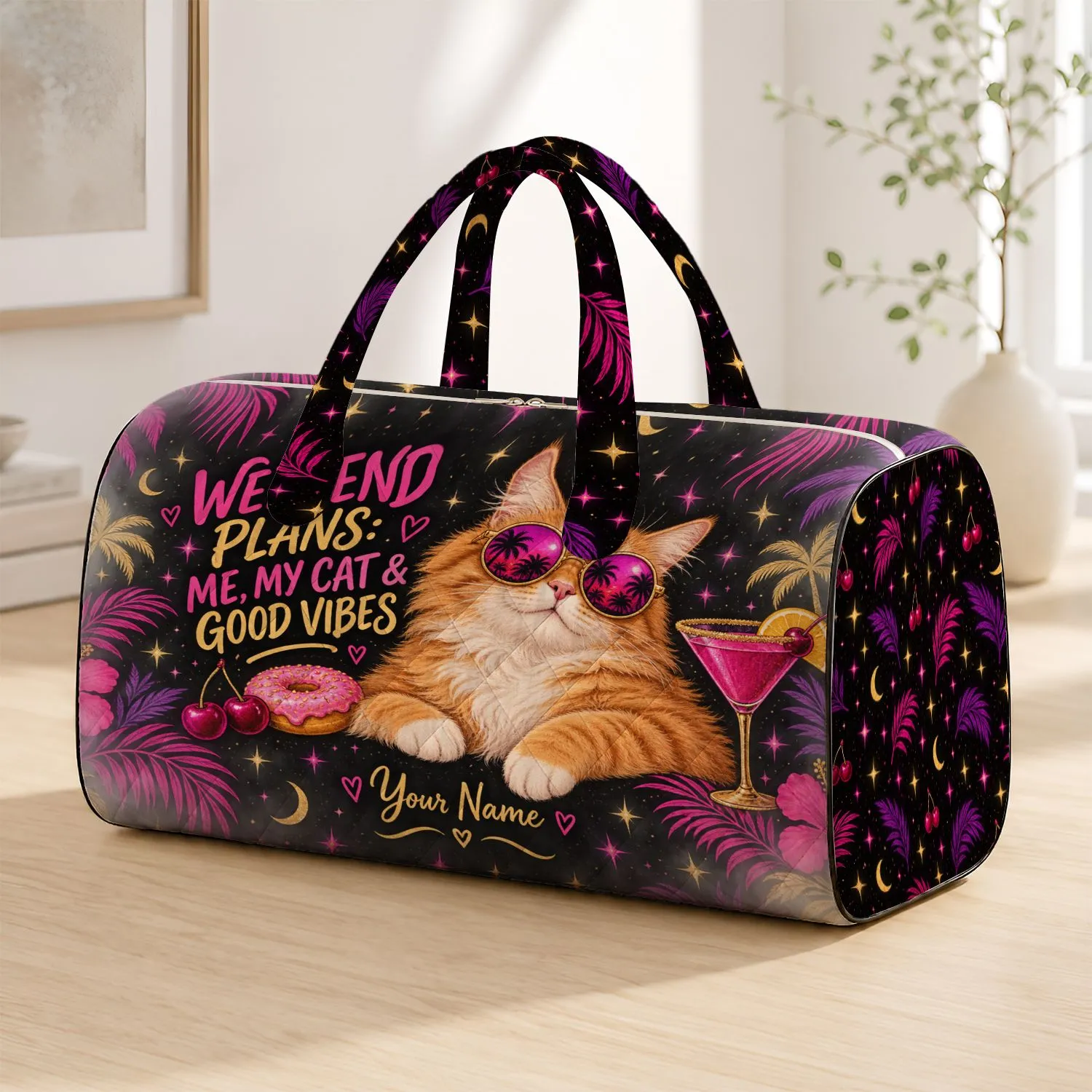 Sunglasses Cat and Cosmic Palms for Playful Weekend Getaways and Cat Lovers Everywhere Quilted Weekend Bag - 1