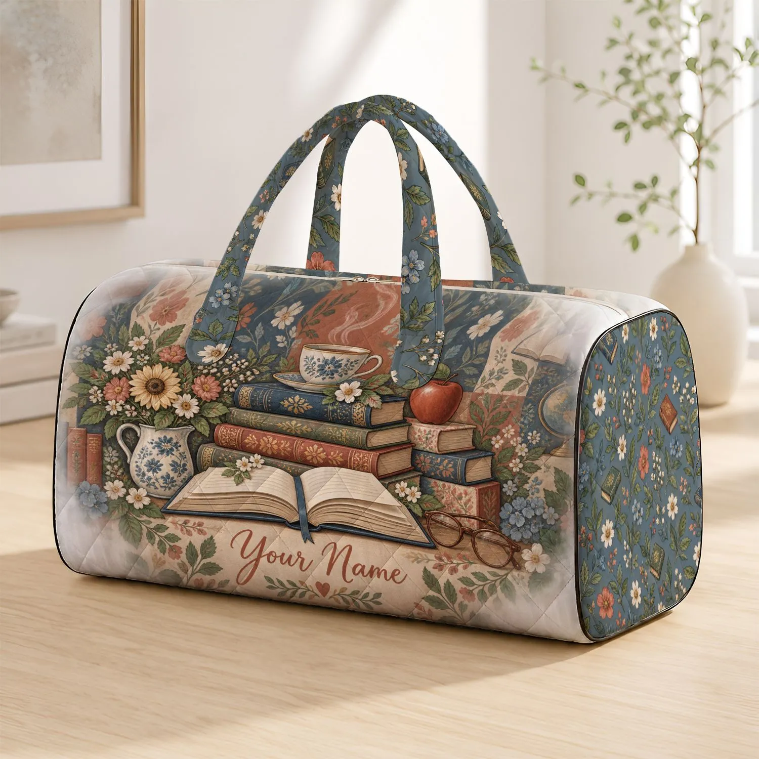 Vintage Books and Florals for Back to School Reading Teacher Appreciation Gifts Quilted Weekend Bag - 1