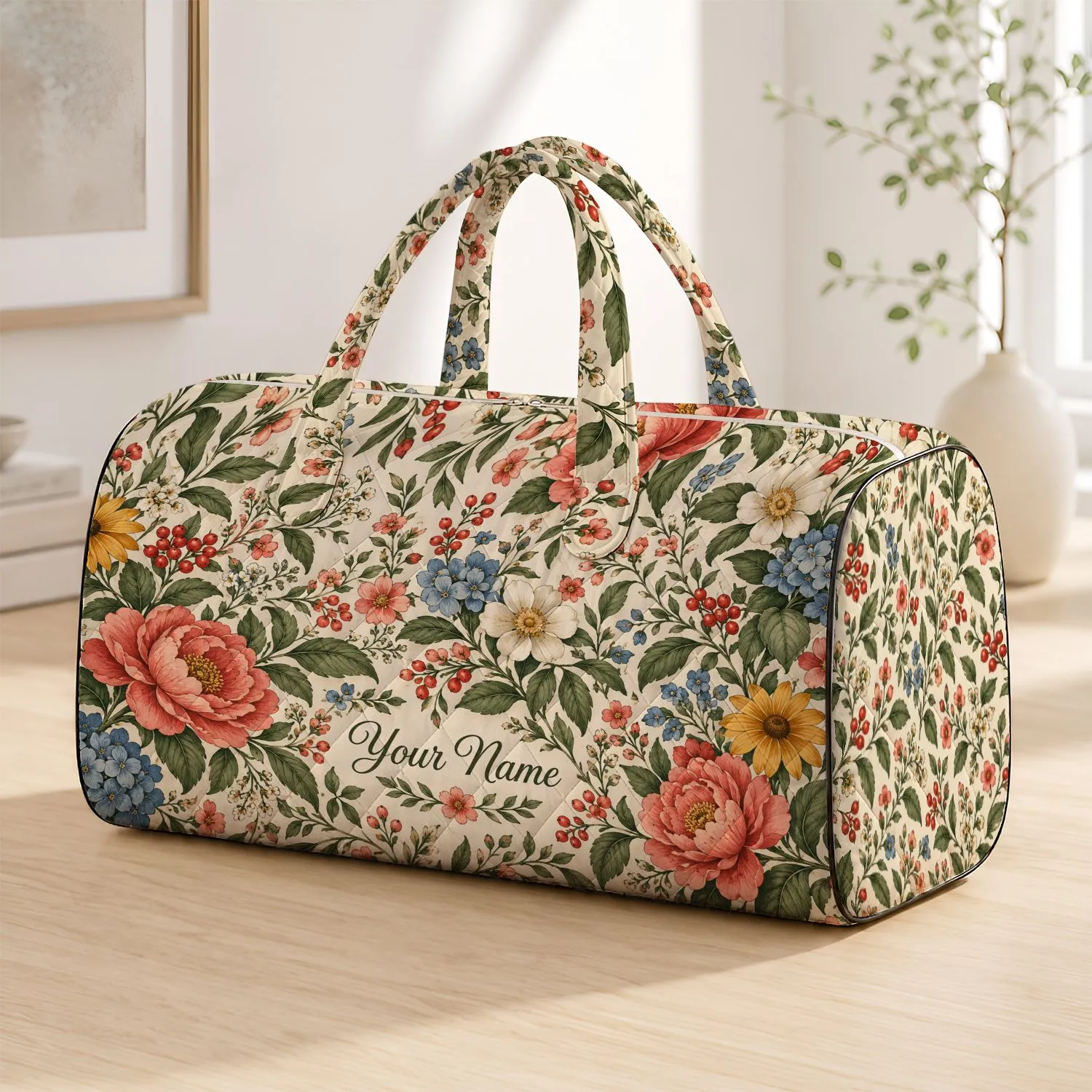 Vintage Wildflowers and Berries for Cottagecore Travel and Weekend Escapes for Her Quilted Weekend Bag - 1