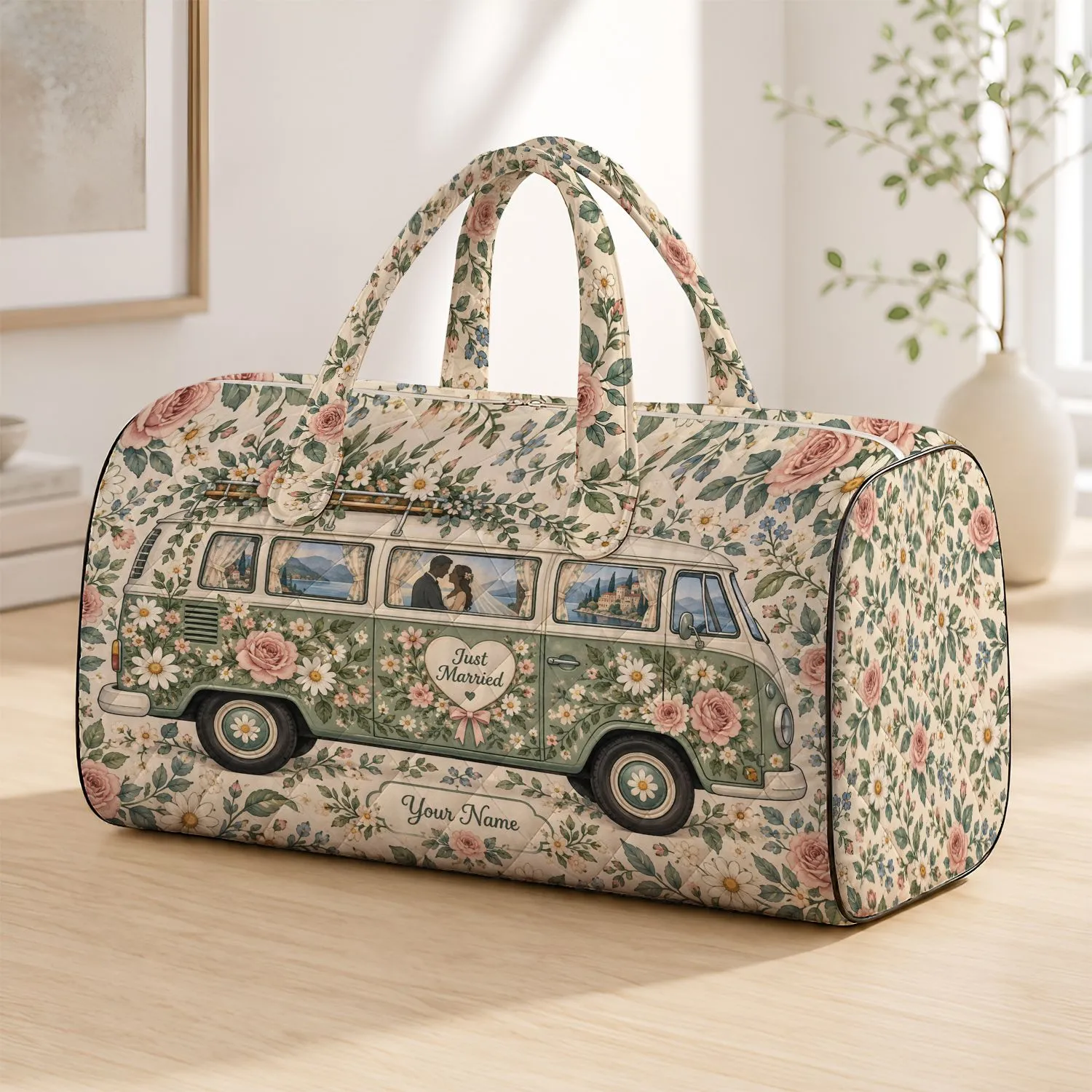 Floral Vintage Camper Wedding Keepsake for Honeymoon Road Trips and Newlywed Gifts Quilted Weekend Bag - 1