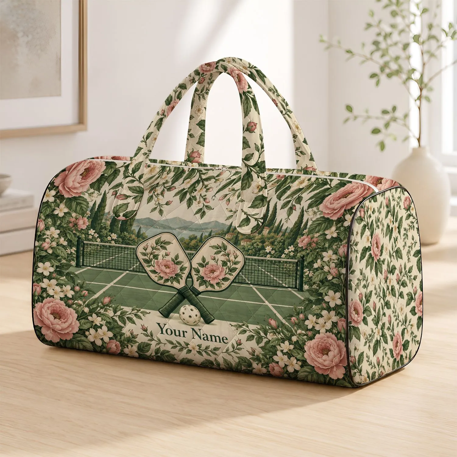 Floral Pickleball Rackets and Court Blooms for Stylish Sporty Weekend Getaways and Travel Quilted Weekend Bag - 1