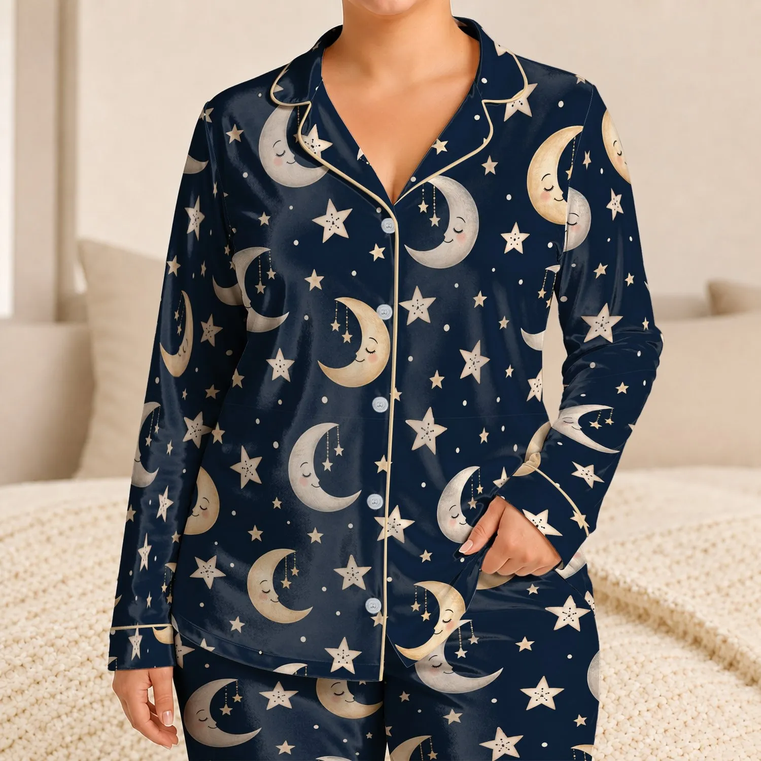 Crescent Moon And Star Night Sky Motif For Cozy Evening Lounging And Relaxed Homewear Satin Pajamas Set - 1