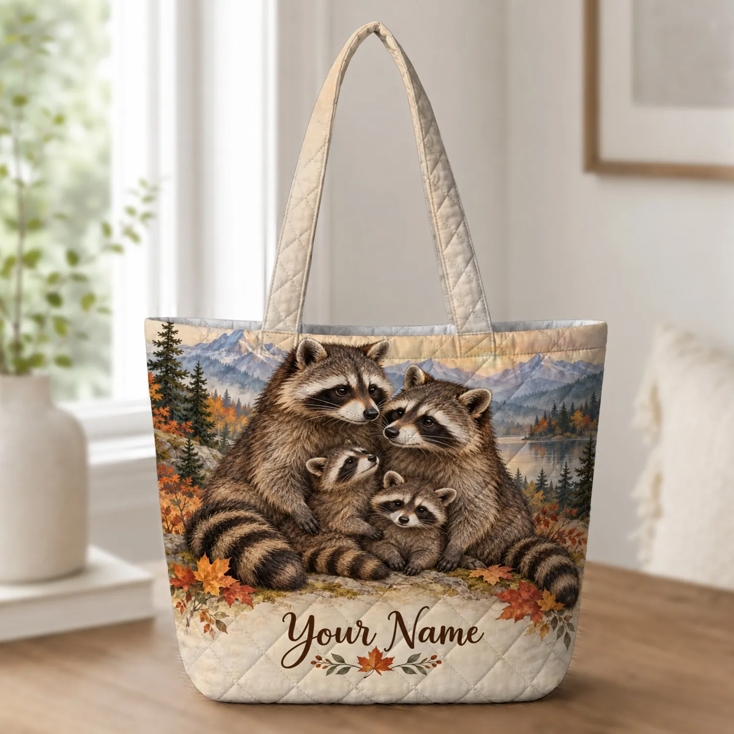 Autumn Raccoon Family Woodland Scene for Nature Lovers and Cozy Fall Adventures Quilted Tote Bag - 1